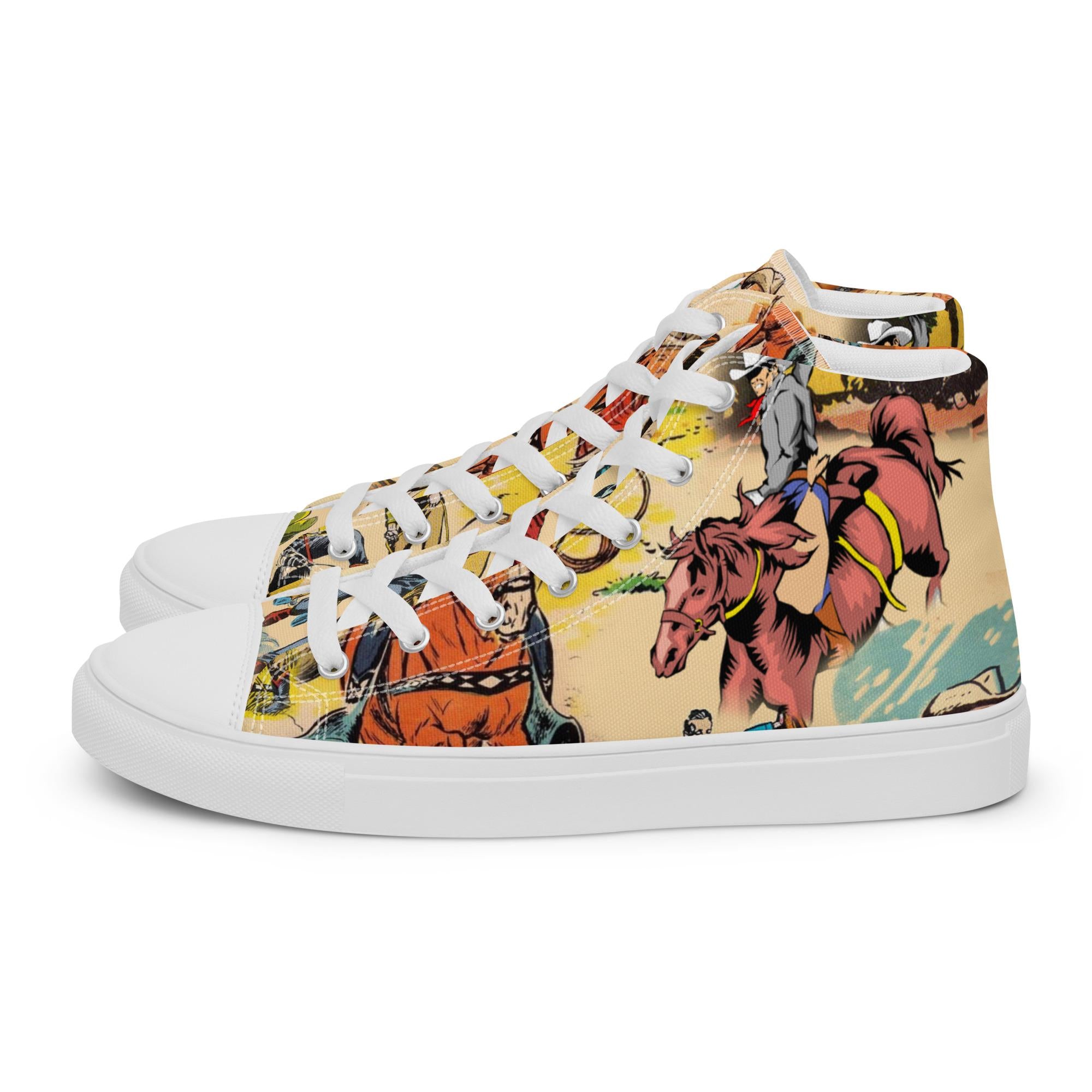 Vintage Cowgirl High Top Sneakers – Retro Rodeo Style for Your Feet 🤠
✓ Allover cowboy & rodeo print – bulls, broncs, riders, and rustic vibes
✓ High-top design with padded collar for extra ankle support
✓ Soft insole + breathable lining = all-day comfort
✓ Durable EVA rubber outsole made for wherever your boots would go
✓ Faux leather toe cap for a sleek finish
✓ Matching laces + soles for a coordinated look
