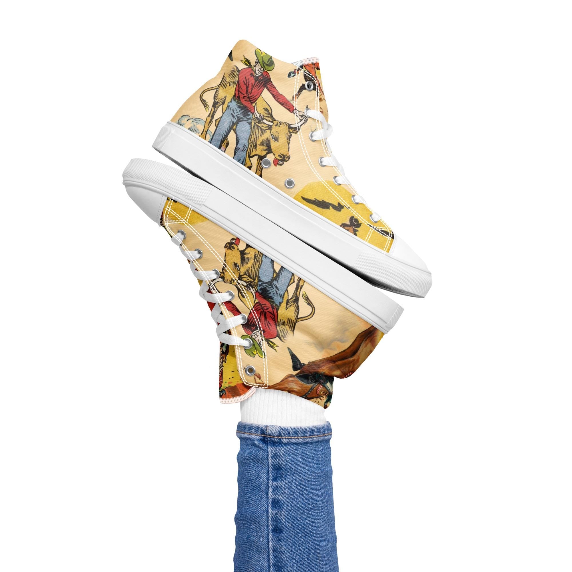 Vintage Cowgirl High Top Sneakers – Retro Rodeo Style for Your Feet 🤠
✓ Allover cowboy & rodeo print – bulls, broncs, riders, and rustic vibes
✓ High-top design with padded collar for extra ankle support
✓ Soft insole + breathable lining = all-day comfort
✓ Durable EVA rubber outsole made for wherever your boots would go
✓ Faux leather toe cap for a sleek finish
✓ Matching laces + soles for a coordinated look
