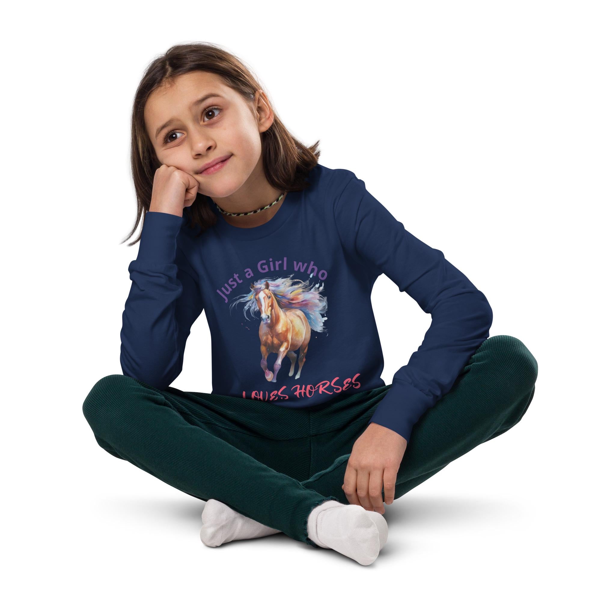 Just a Girl Who LOVES HORSES , Personalized Long Sleeve Tee for Horse-Loving Kids