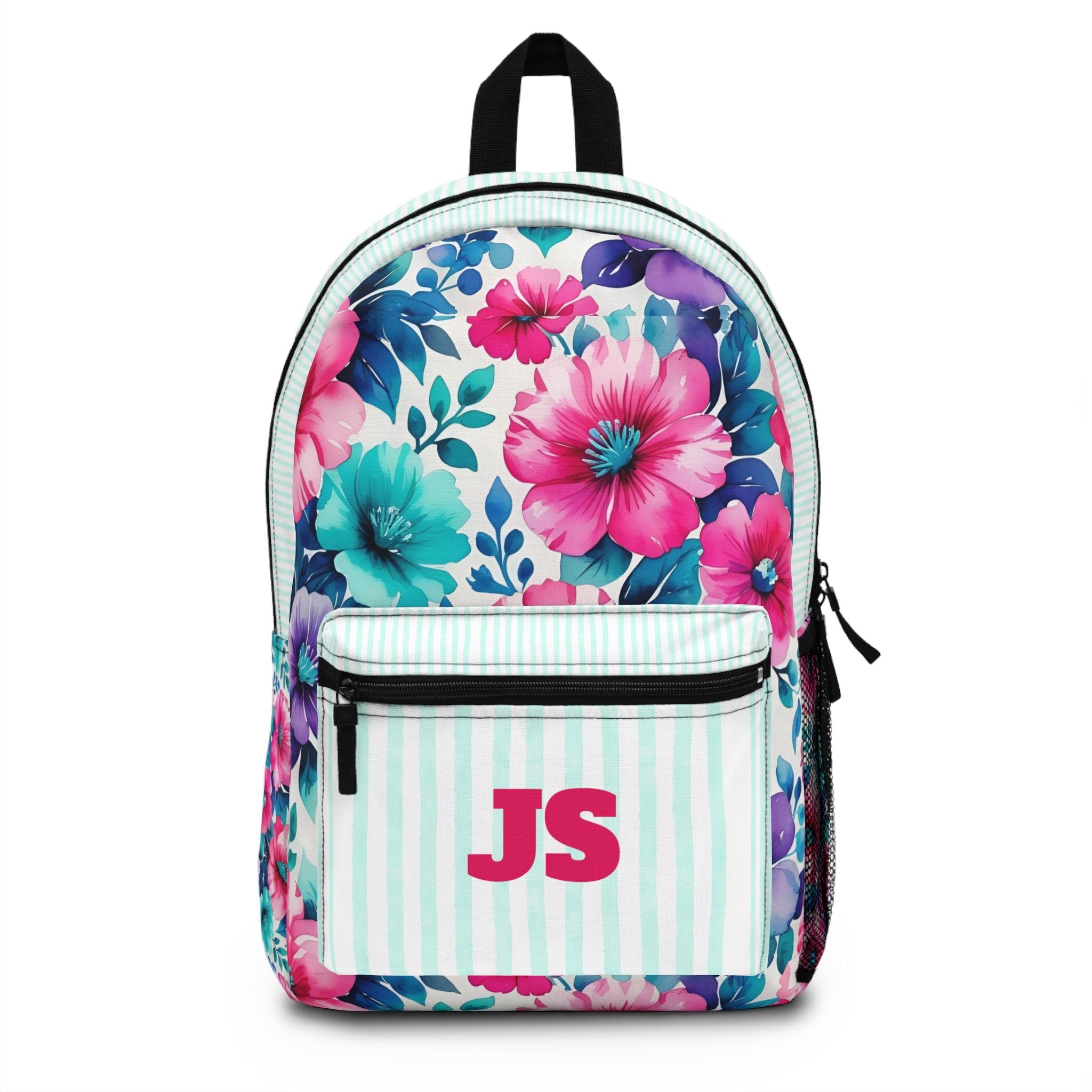 Floral Monogram Backpack – Personalized Just for Her! 
Pick your stripe color, pick your font color, and add your initials or name—or keep it blank for a chic, floral statement! T
✓ Customizable with name or initials
✓ Gorgeous floral + stripe combo
✓ Spacious compartments including a padded laptop sleeve
✓ Comfy padded straps + breathable back panel
✓ Lightweight + durable = perfect for daily use