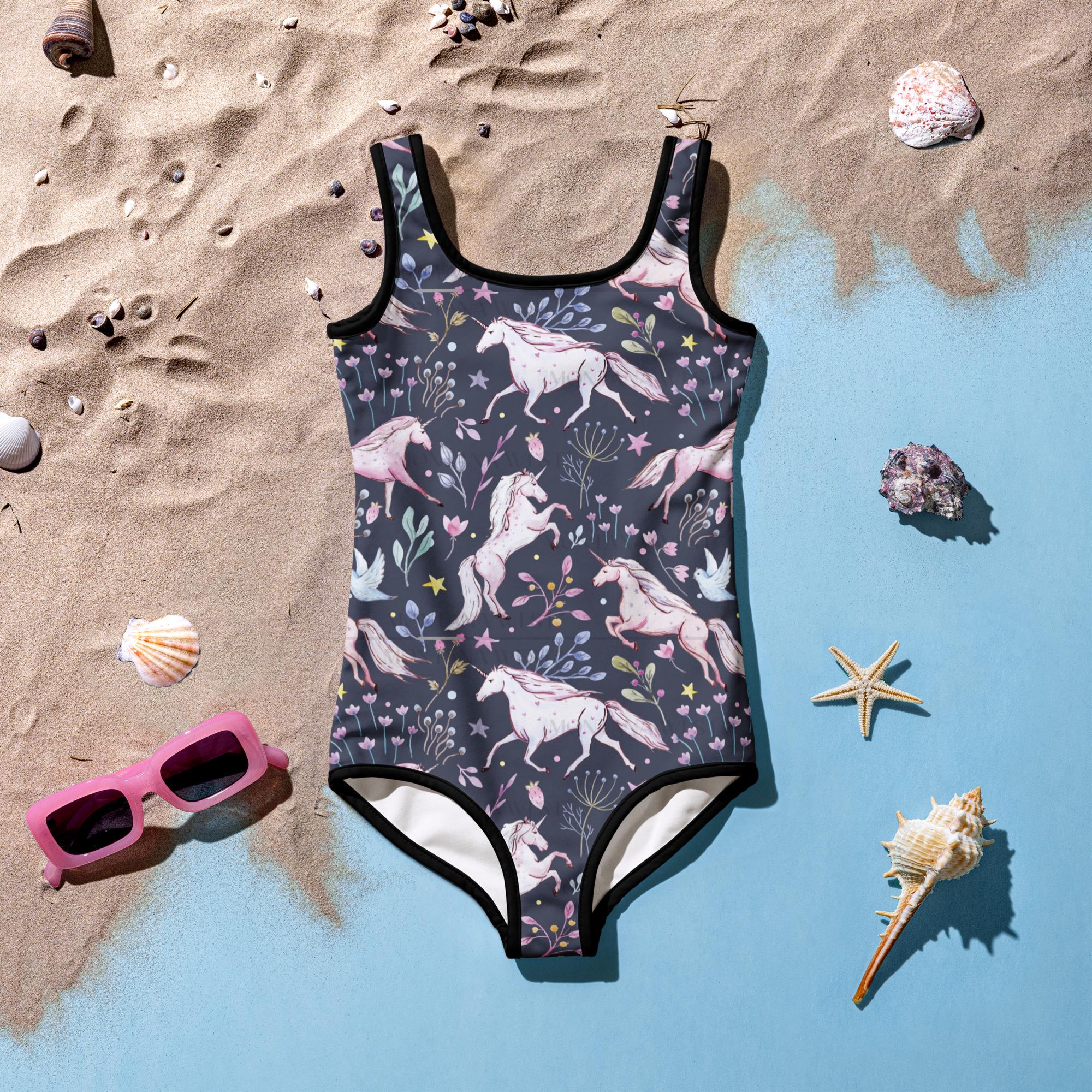 Unicorn & Flowers Kids Swimsuit,  Navy one-piece Swimsuit, Unicorn Lover