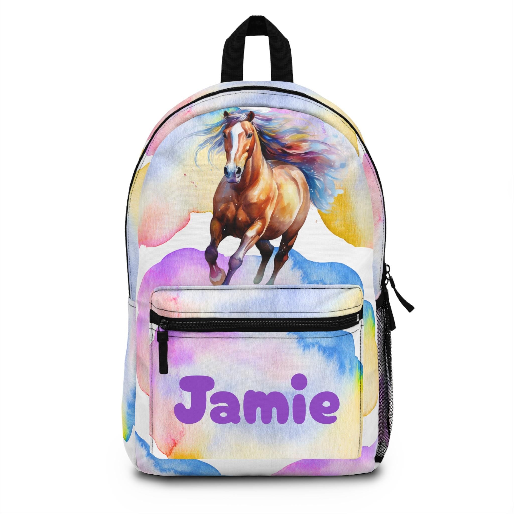 Personalized Horse Backpack for Kids - Watercolor Design, School Bag, Gift for Young Equestrians, Travel Bag for Girls, Custom Name Backpack