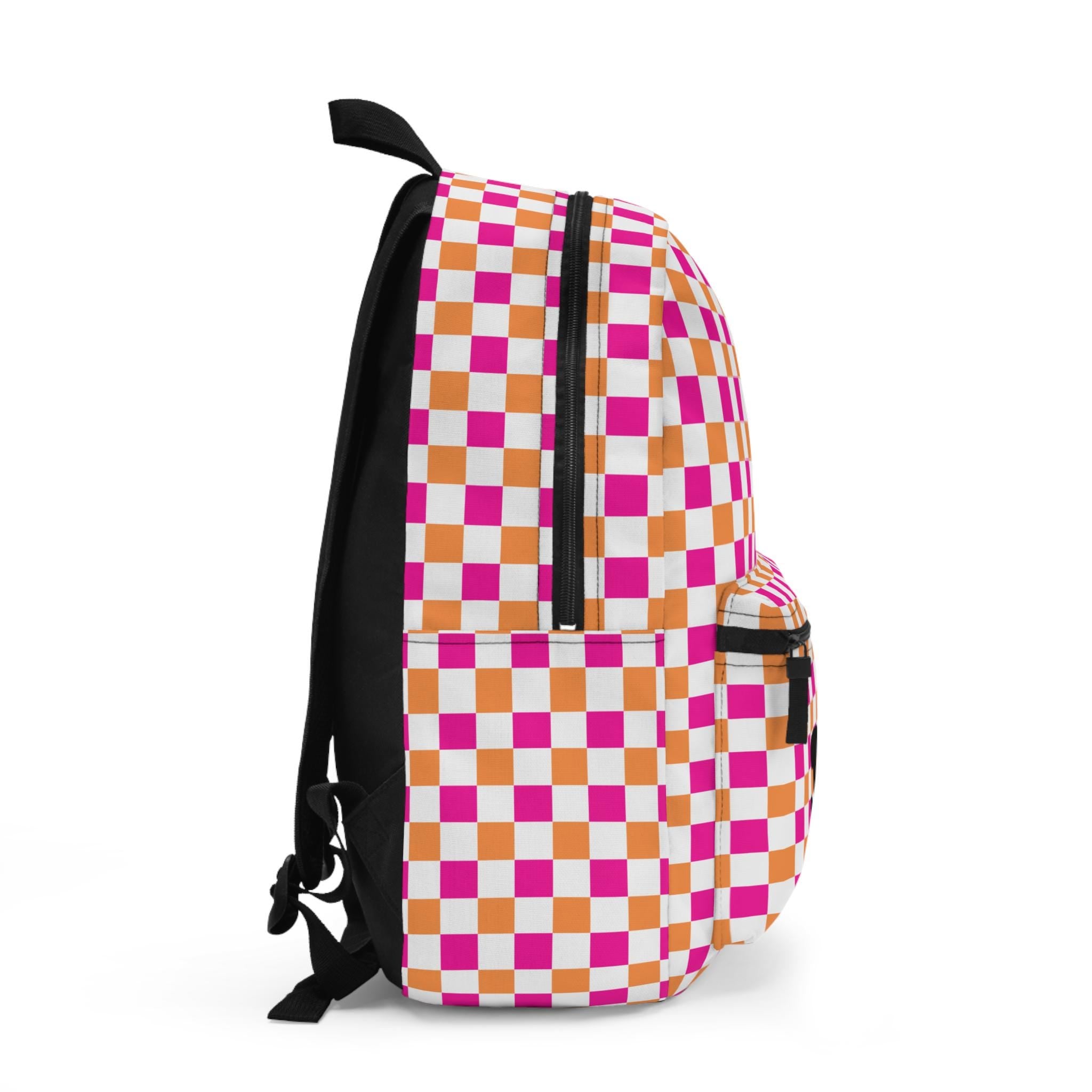 Vibrant Pink & Orange Checkerboard Backpack | Customizable School Bag | Student and Travel Backpack -Razels