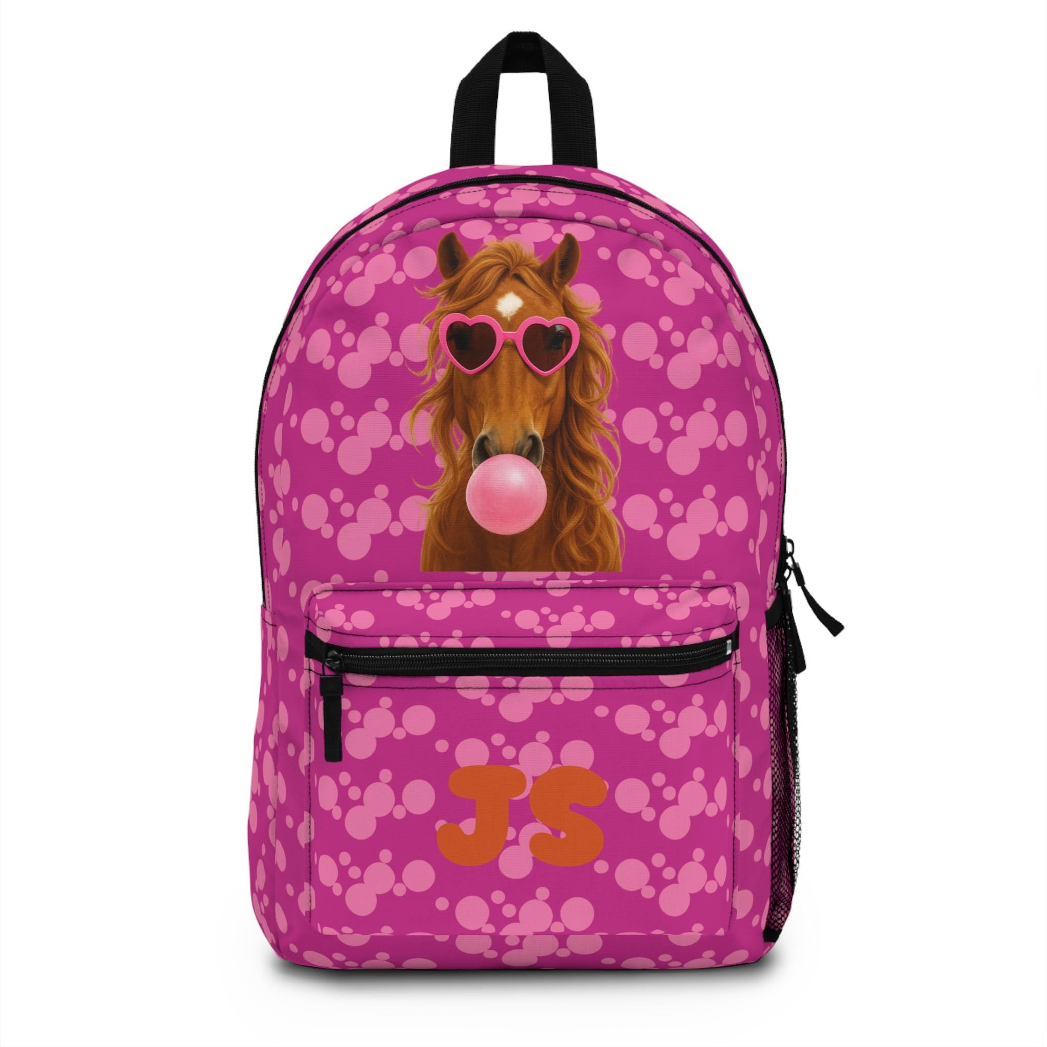 Custom Horse Backpack featuring a stylish horse rocking heart-shaped sunglasses and blowing a big pink bubble! Perfect for girls who love horses and bold, fun fashion, this backpack is sure to be a head-turner in the hallways. šāØ
ā Vibrant pink bubble pattern with fun horse graphic
ā Personalized front pocket with initials or name
ā Spacious main compartment for books, tablets & more
ā Front zip pocket & side mesh pockets for quick-grab items
ā FREE Shipping within the USA!