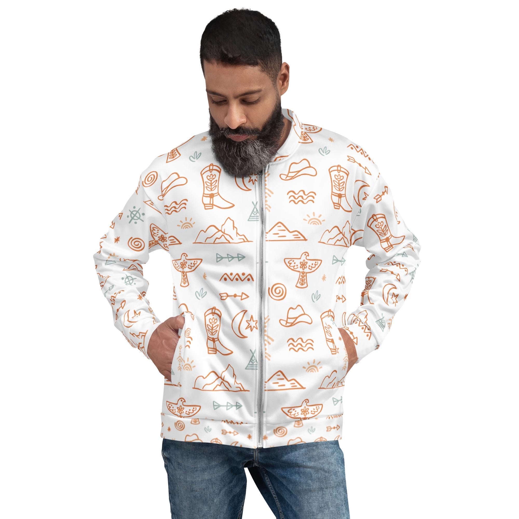 Western Motif Bomber Jacket â Beige & White Cowgirl Jacket with Cowboys, Cactus -Razels