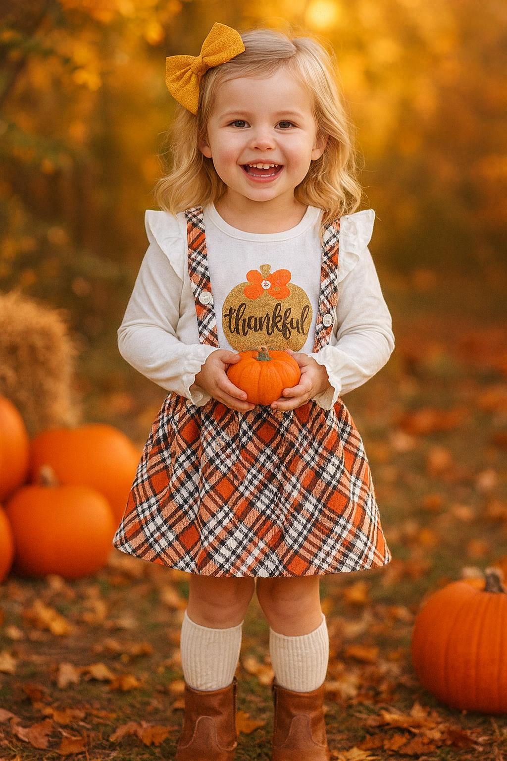 Toddler Girl Thanksgiving Outfit – “Thankful” Ruffle Top & Plaid Suspender Skirt Set
Oh my pumpkins! This adorable two-piece brings all the cozy fall vibes—perfect for pumpkin patch pics, school parties, and Turkey Day dinner.
✓ Thankful Top – glittery gold pumpkin with “thankful” + sweet ruffle sleeves
✓ Plaid Suspender Skirt – adjustable front ties with back loop for a secure, custom fit
✓ Mix & Match – layer with tights, boots, and a cardigan for peak fall style