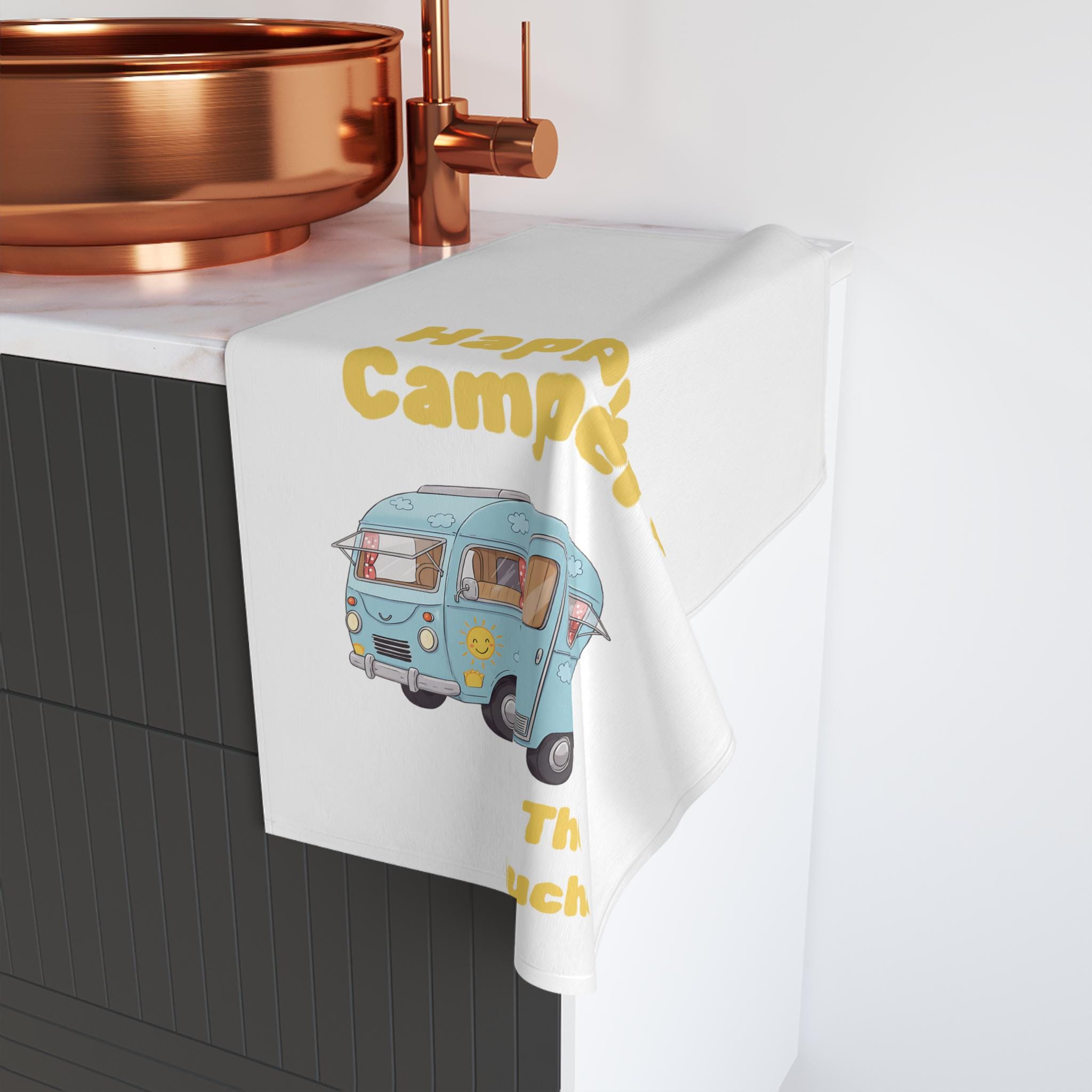 Personalized Happy Campers Hand Towel, Custom Family Name RV Towel, Vintage Camper Kitchen Towel, Camping Decor Gift, -Razels