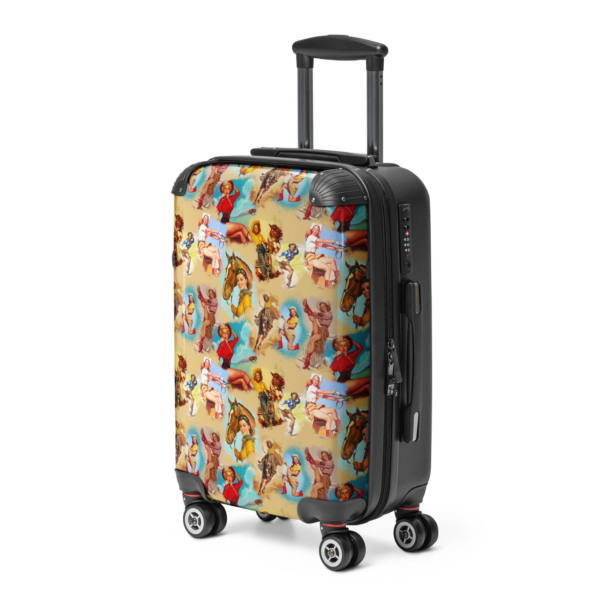This suitcase isn’t just cute—it’s built tough and ready to roll. The hard shell keeps your essentials protected, while the 360° wheels make airport dashes feel smooth as a line dance.
✓ Retro cowgirl design with bold vintage vibes
✓ 100% polycarbonate front + black ABS back for ultimate durability
✓ Built-in safety lock to keep your treasures secure
✓ Smooth-glide 360° double wheels
✓ Interior features 2 inner pockets for easy organization