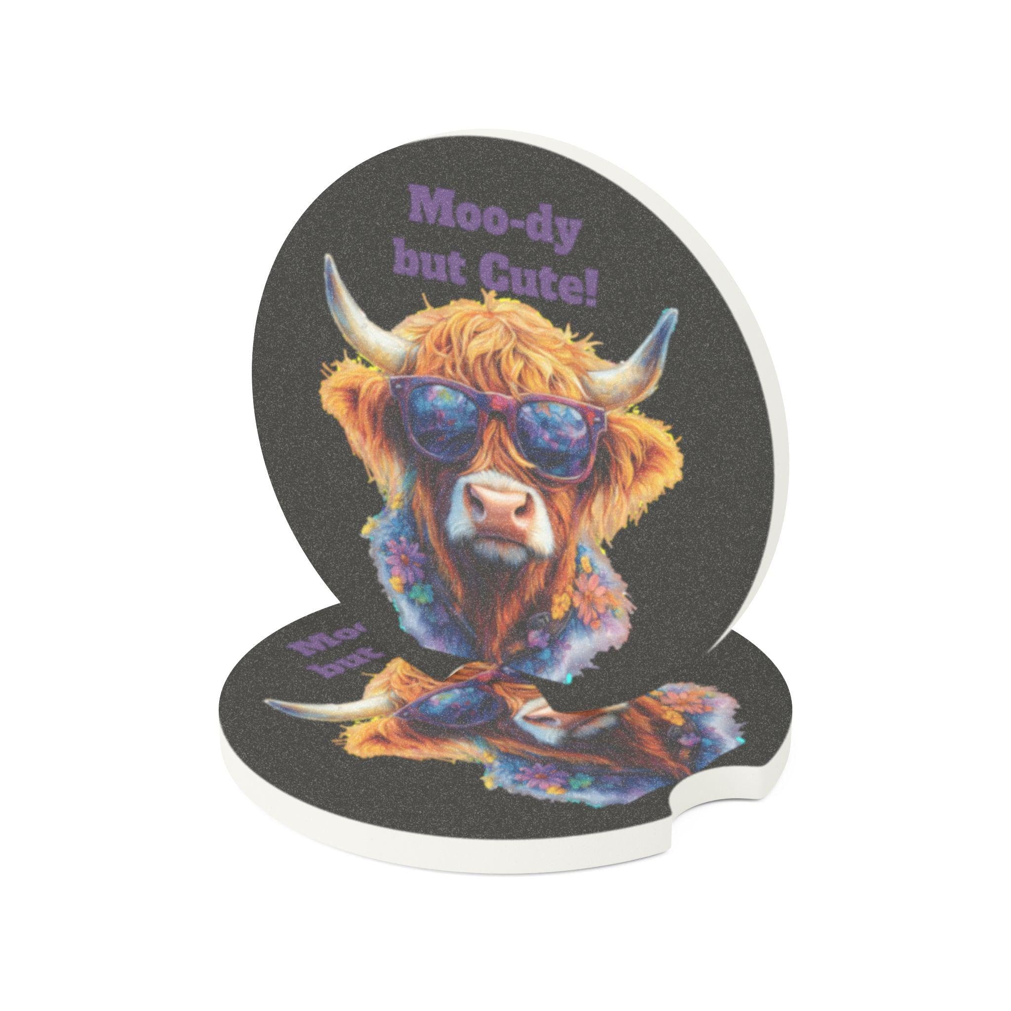 Moo-dy but Cute!" Highland Cow Car Coaster | Sassy Cowgirl Cup Holder Decor Bring the sass to your dash with this bold and adorable Highland cow car coaster! Featuring a flower-crowned cow in sunglasses and the cheeky quote "Moo-dy but Cute!", this coaster adds a whole lotta personality to your ride. Want to switch it up? Personalize it with your own short saying, name, or business
✓ Absorbs condensation to keep cup holders clean
✓ Sassy Highland cow design with a flower necklace
