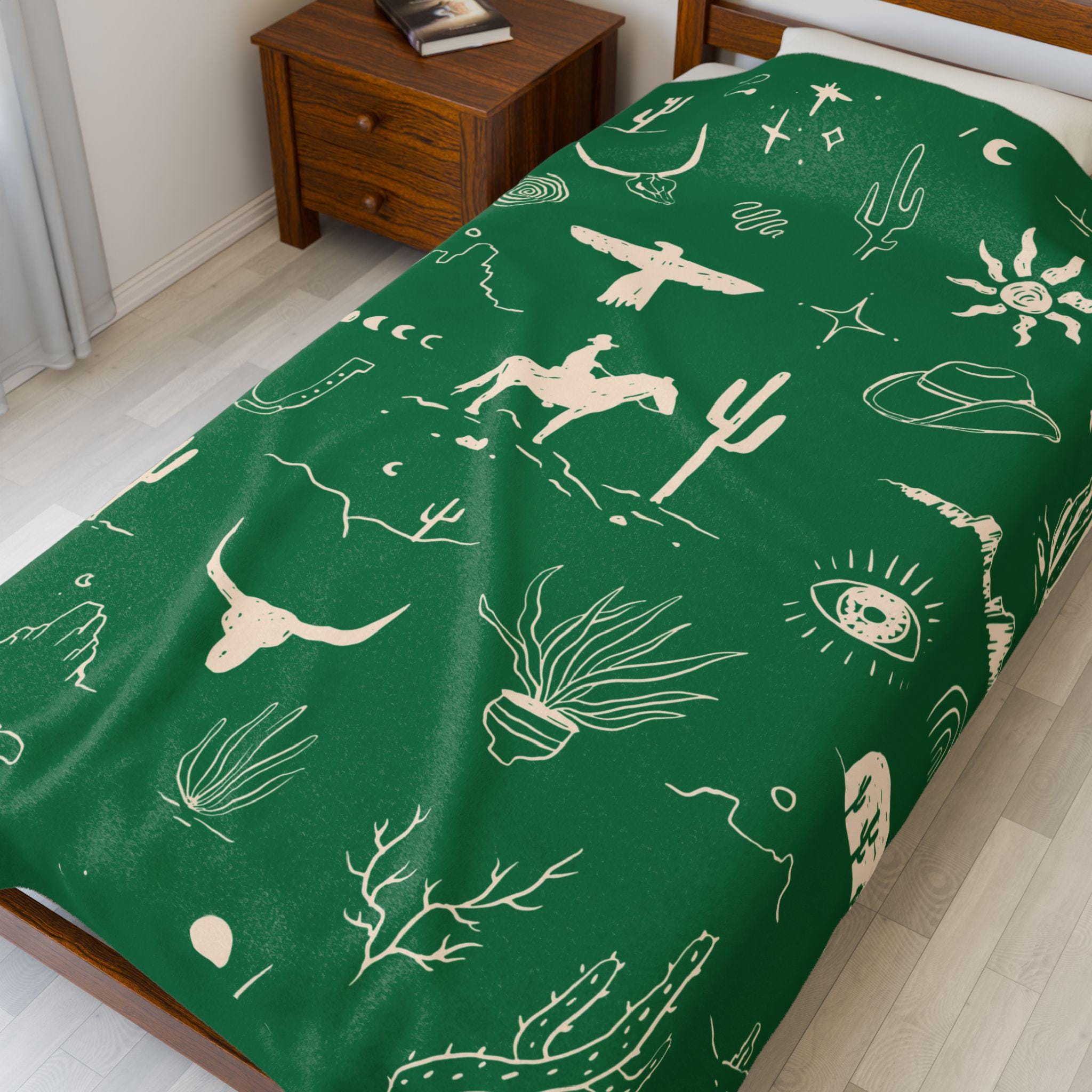 Western Cowboy Velveteen Blanket , Custom Western Throw with Cactus & Steerhead | Cozy Western Home Decor Gift -Razels