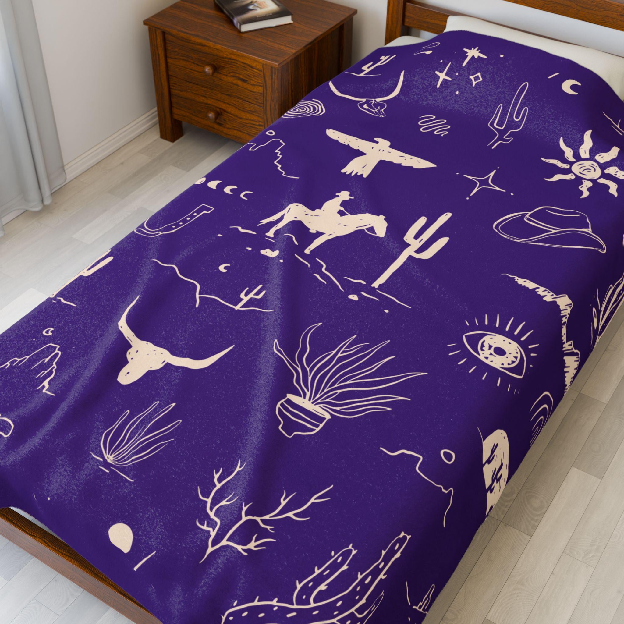 Western Cowboy Velveteen Blanket , Custom Western Throw with Cactus & Steerhead | Cozy Western Home Decor Gift -Razels