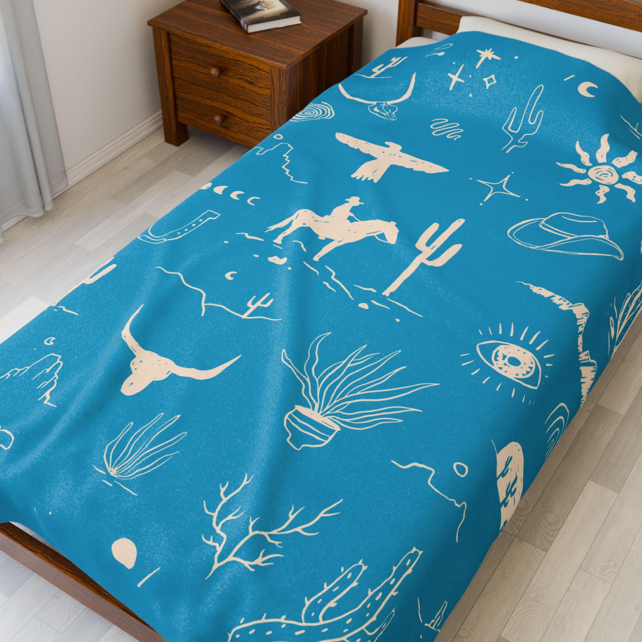 Western Cowboy Velveteen Blanket , Custom Western Throw with Cactus & Steerhead | Cozy Western Home Decor Gift -Razels