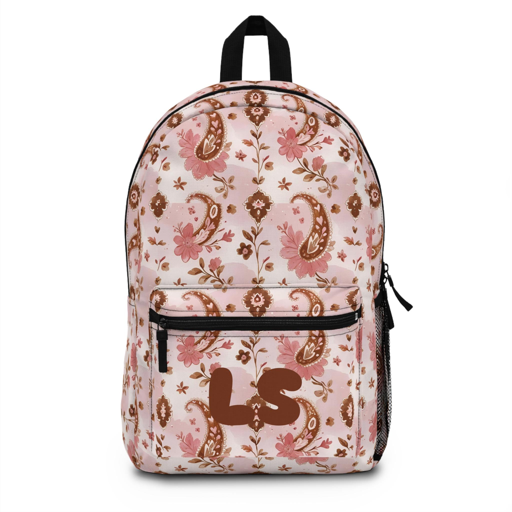 Personalized Pink & Brown Paisley Backpack | Custom Initials School Bag