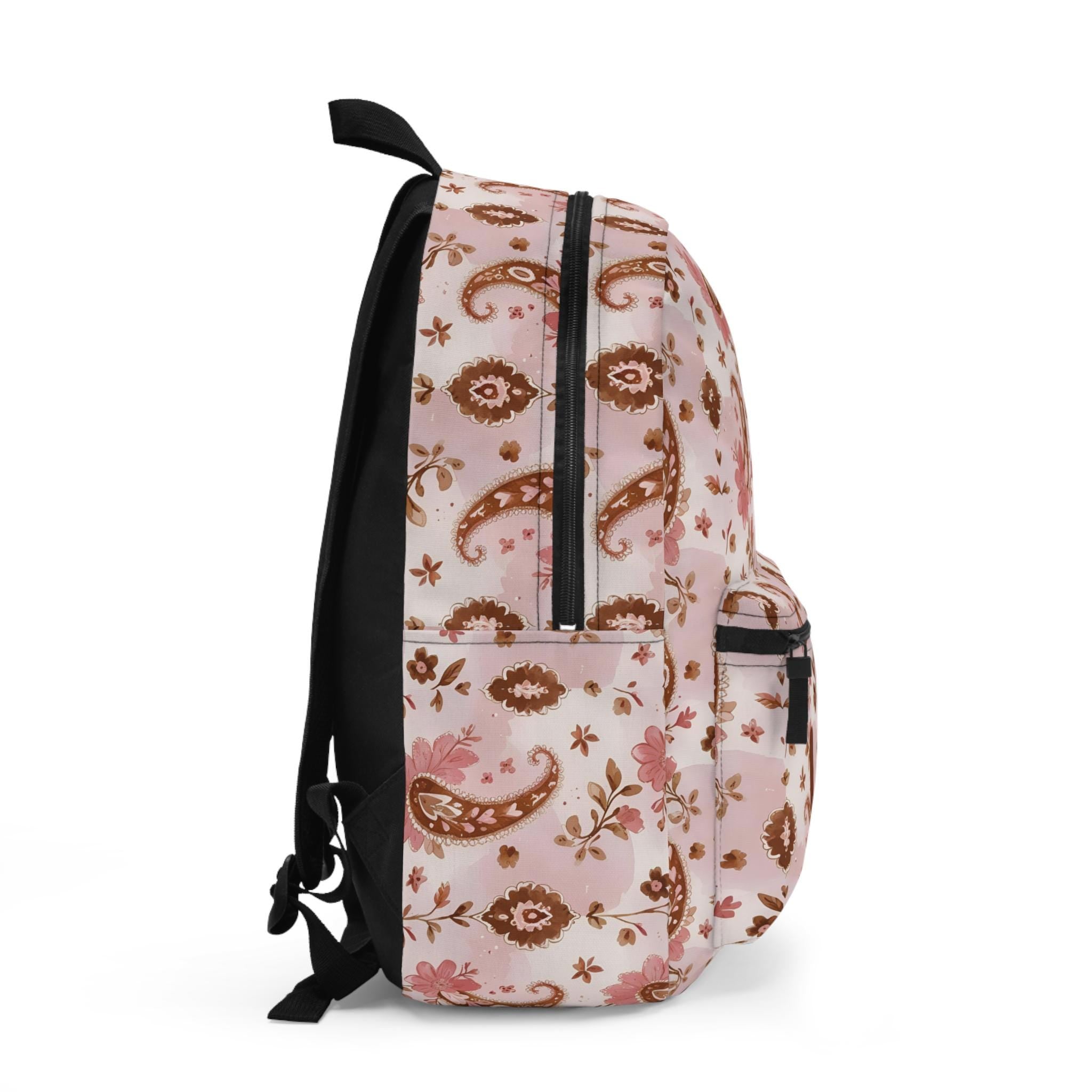 Personalized Pink & Brown Paisley Backpack | Custom Initials School Bag