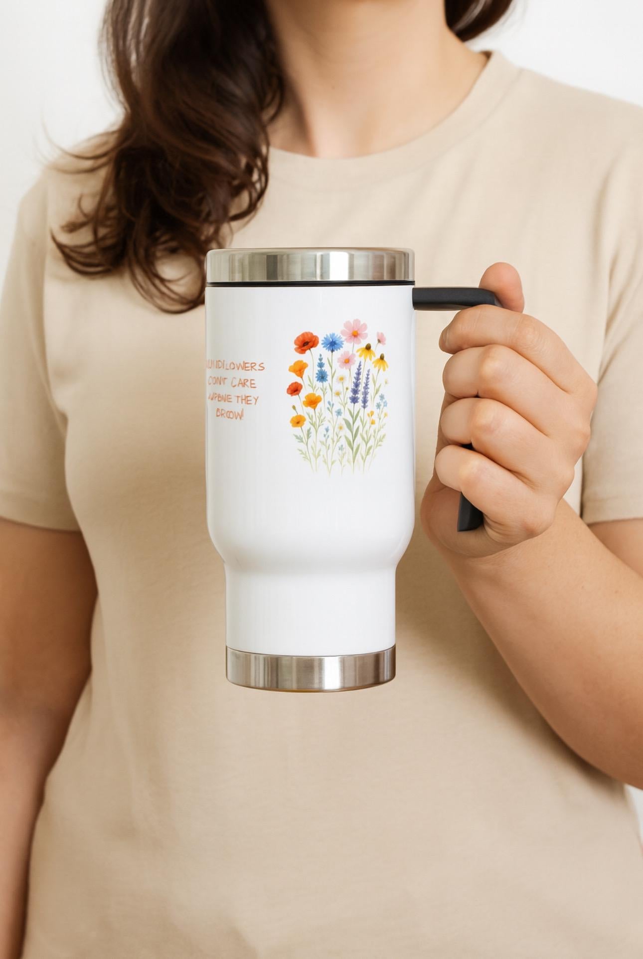 Wildflower Travel Mug, Floral Stainless Steel Coffee Cup, Custom Name or Quote, Camping Gift