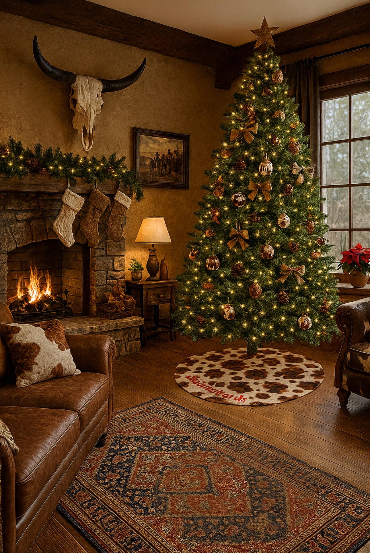 Personalized Cow Print Christmas Tree Skirt: Western Holiday Fleece Decor -Razels