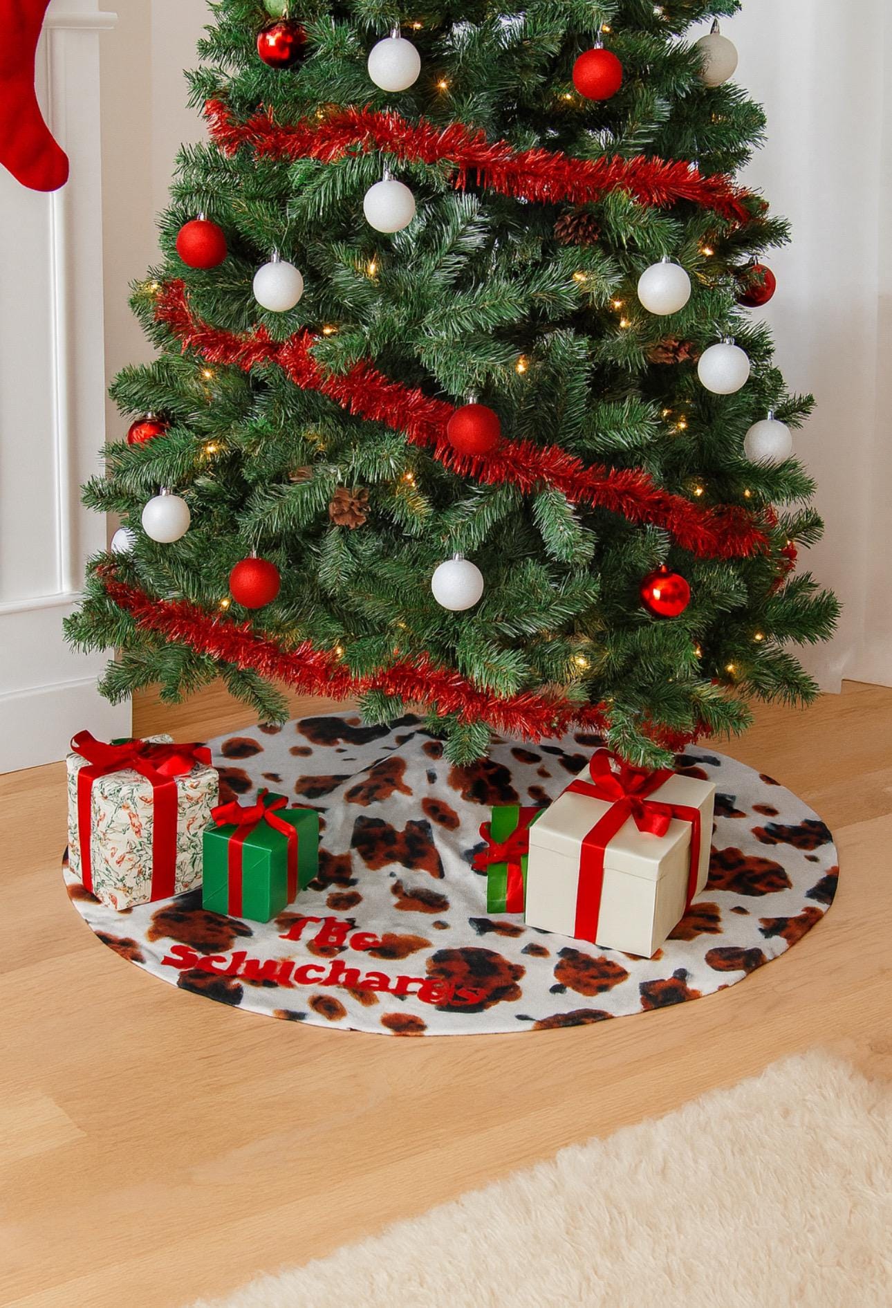 Personalized Cow Print Christmas Tree Skirt: Western Holiday Fleece Decor -Razels