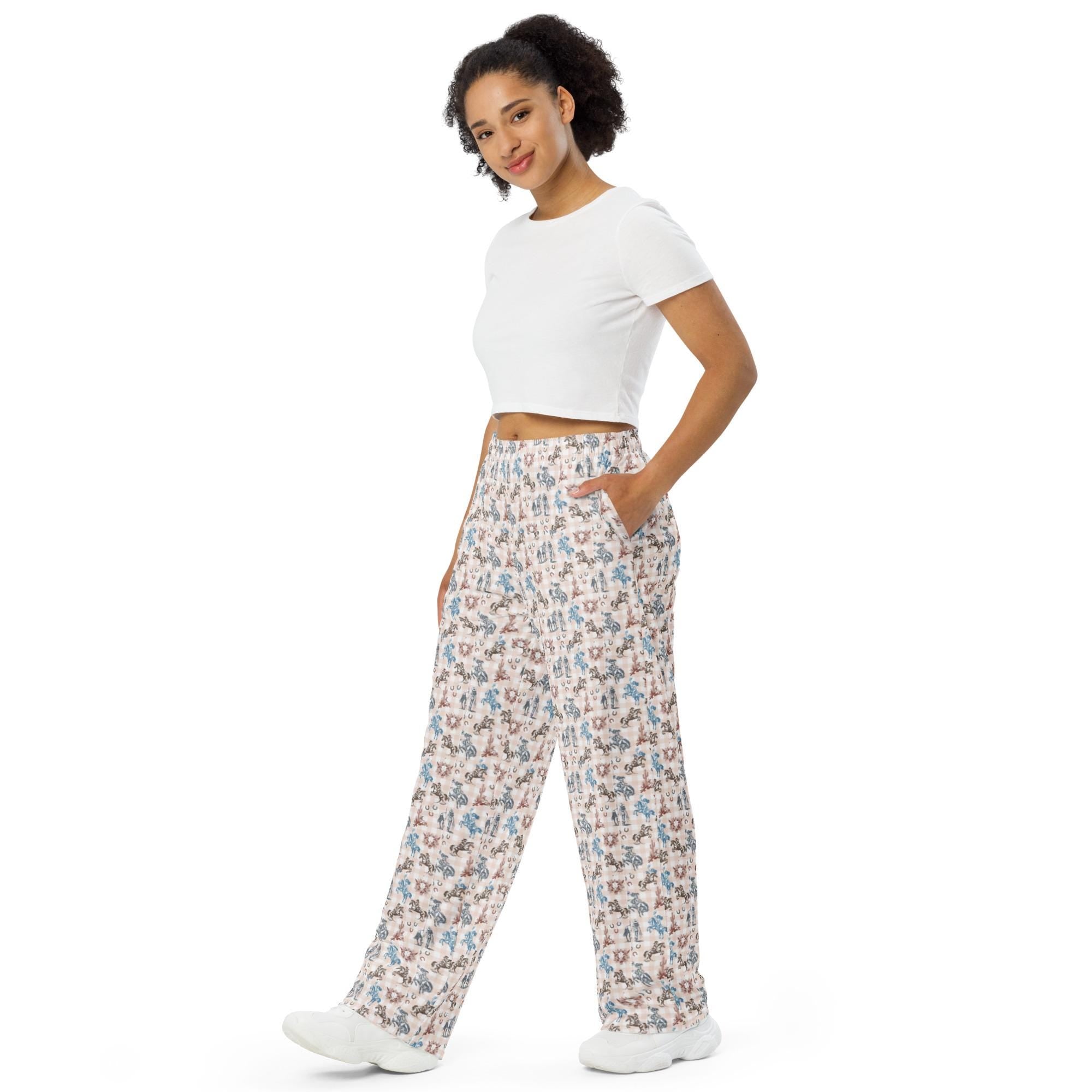 All-Over Print Cowgirl Wide-Leg Pants | Retro Western Unisex Lounge Pants