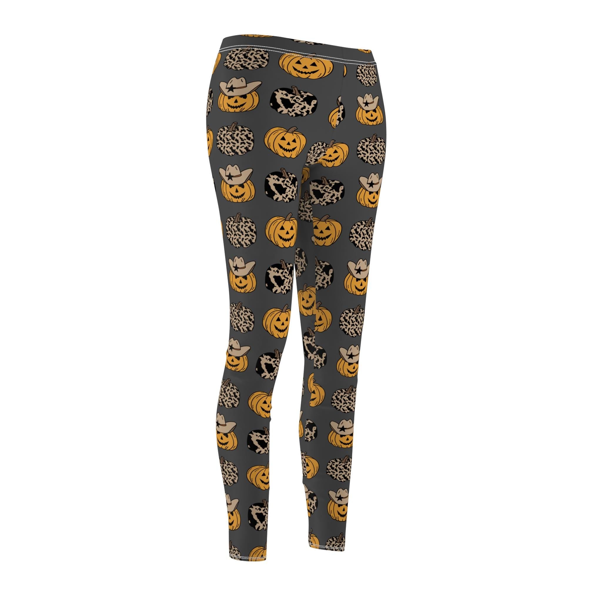 Halloween Pumpkin Leggings Women | Fall Festival Spooky Print Leggings | Charcoal Grey Cozy Yoga Pants | Cute Autumn Cowgirl Pumpkin Outfit -Razels