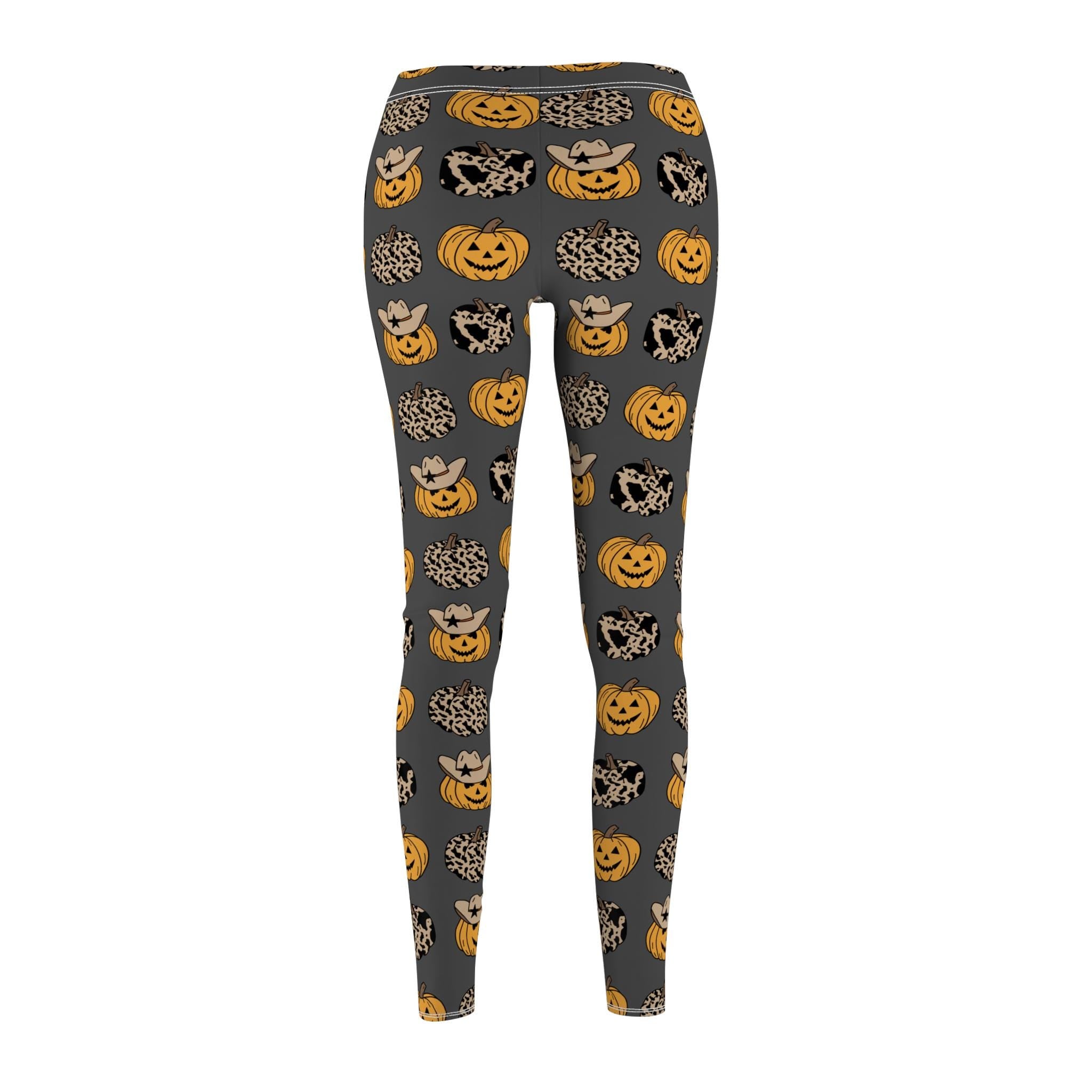 Halloween Pumpkin Leggings Women | Fall Festival Spooky Print Leggings | Charcoal Grey Cozy Yoga Pants | Cute Autumn Cowgirl Pumpkin Outfit -Razels