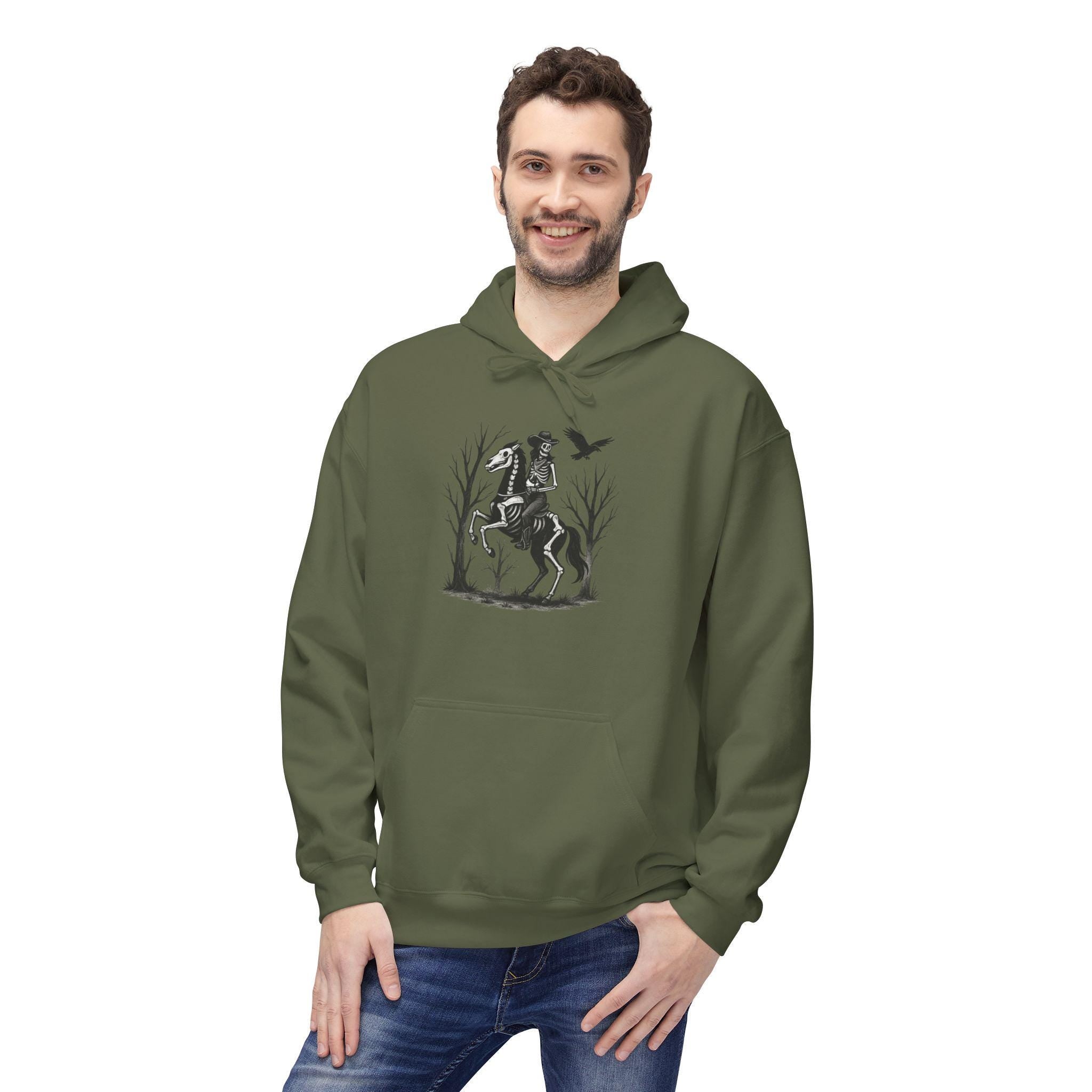 Skeleton Cowgirl Western Halloween Sweatshirt | Cozy Unisex Fall Hoodie | Spooky Horse Hoodie -Razels