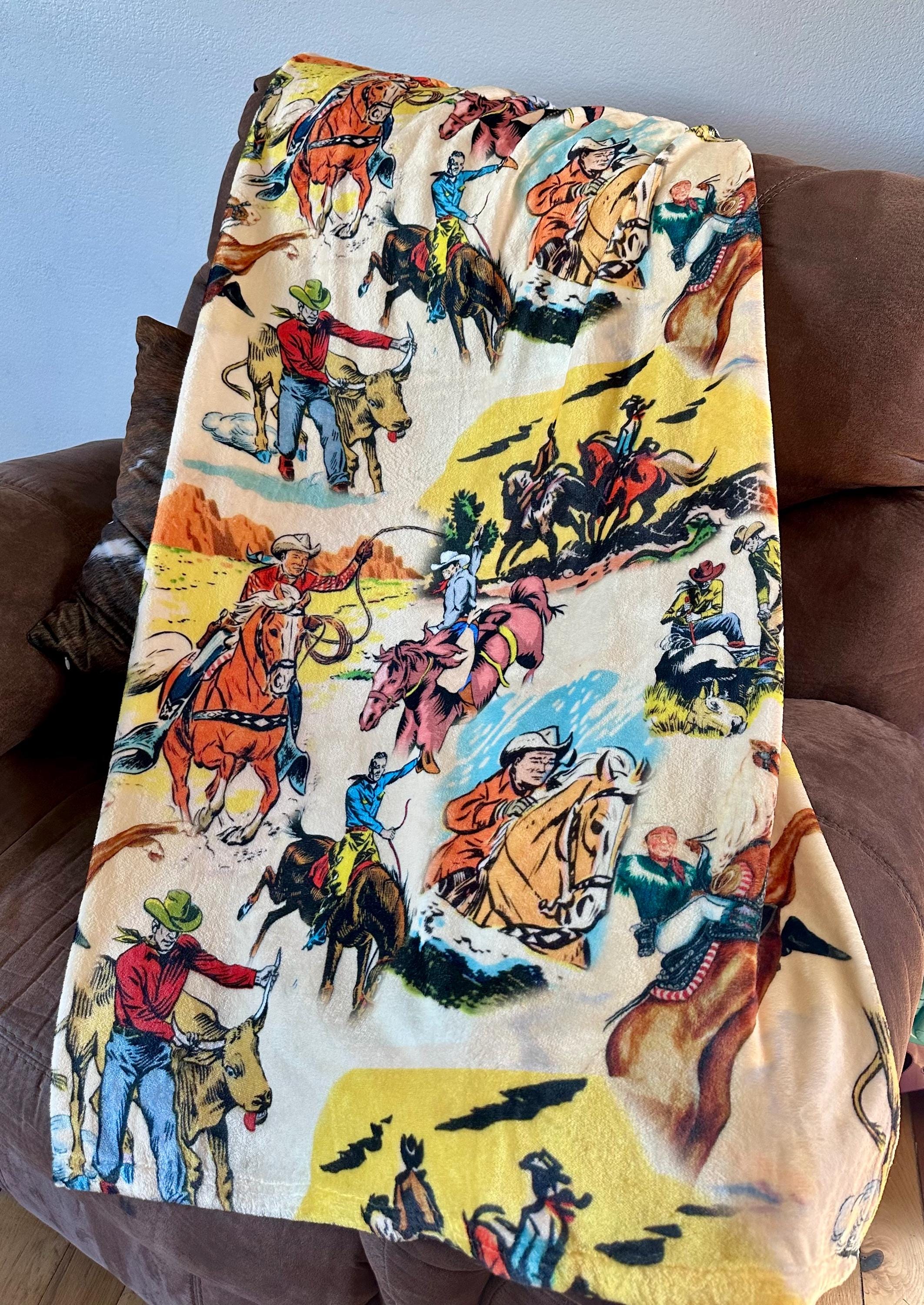 Western Cowboy Blanket , Velveteen Plush Throw, Vintage Wild West Decor, Roy Rogers and Trigger Blanket, Classic Western Blanket