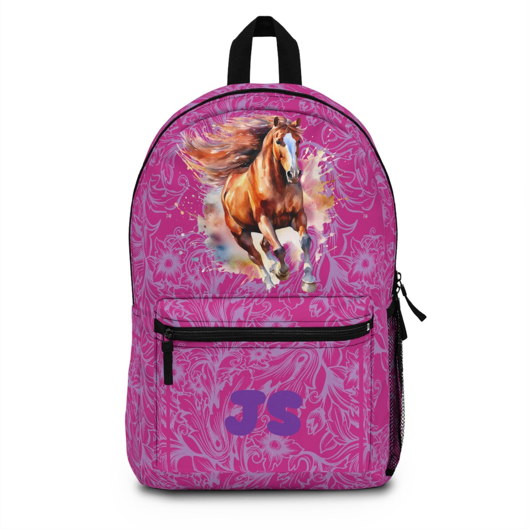 This vibrant backpack pops with a hot-pink base, a light-purple tooled-leather print, and a watercolor horse on the front—finished with your initials for a made-just-for-you look. Perfect for school, travel, or any horse-loving cowgirl who loves to stand out.
✓ Eye-catching watercolor horse + custom initials
✓ Hot pink base with light-purple tooled overlay
✓ 100% durable polyester—holds shape, dries fast
✓ Padded mesh back panel = comfy + breathable
