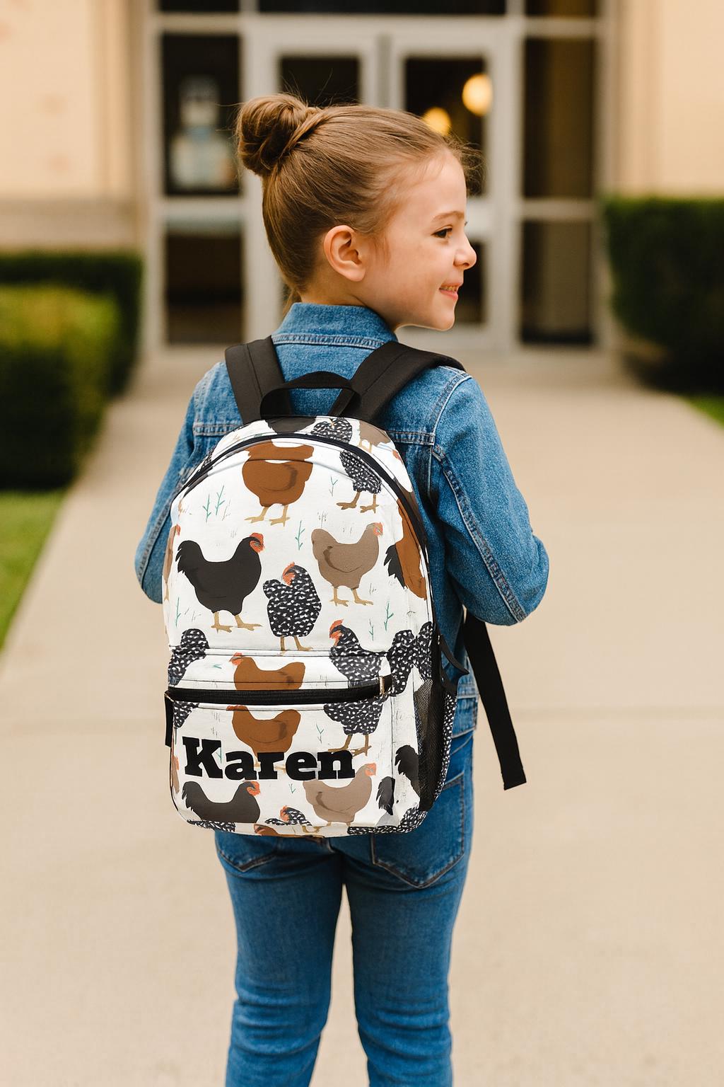 Custom Chicken Backpack – Personalized Name, Farm Hen Print, 17" School Bag w/ Laptop Sleeve
Cluck yeah! This roomy, durable backpack brings farm-fresh style to school days and errands. Add your name or initials for a custom finish kids (and chicken-loving grownups) adore.
✓ Personalization: add a name/initials (printed exactly as typed)
✓ 4 compartments: main zip (13L), front zip, side bottle pocket, interior laptop/tablet sleeve
✓ One size: 17" H × 12.5" W × 5" D (±0.5&qu