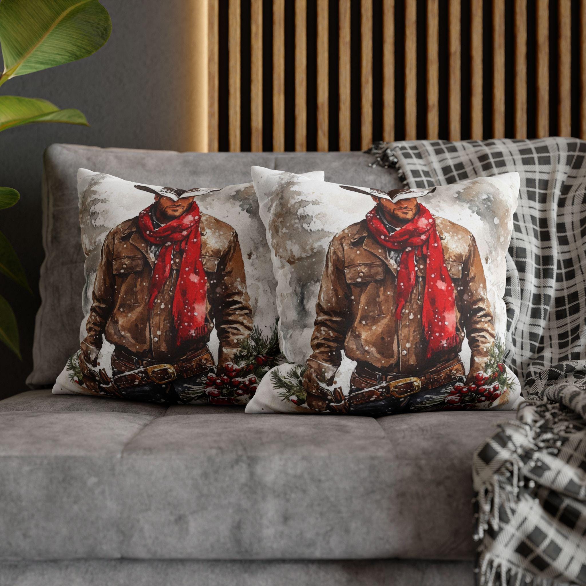 Cowboy Christmas Throw Pillow, Western Christmas Pillow Cover, Rustic Cabin Holiday Decor -Razels