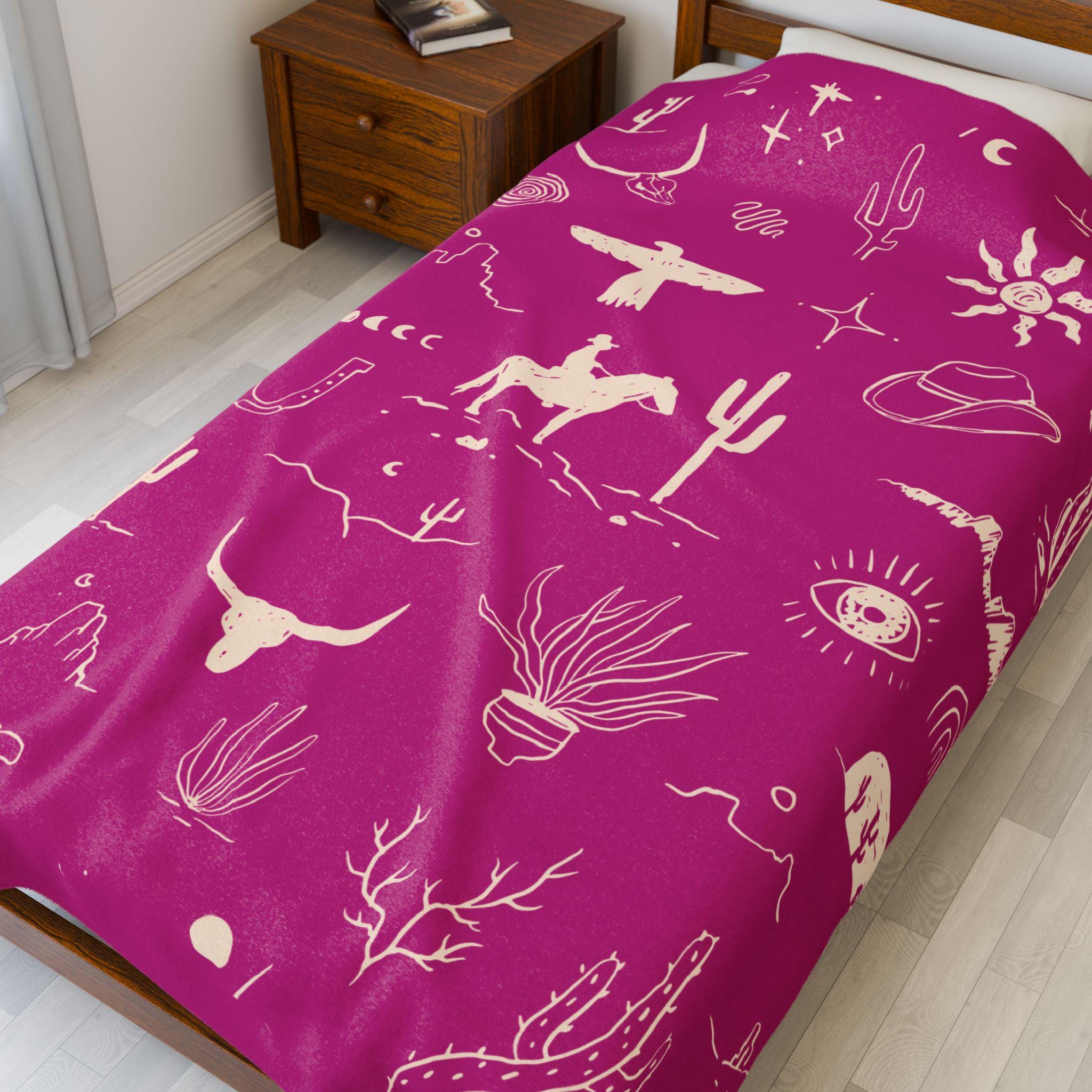 Western Cowboy Velveteen Blanket , Custom Western Throw with Cactus & Steerhead | Cozy Western Home Decor Gift -Razels