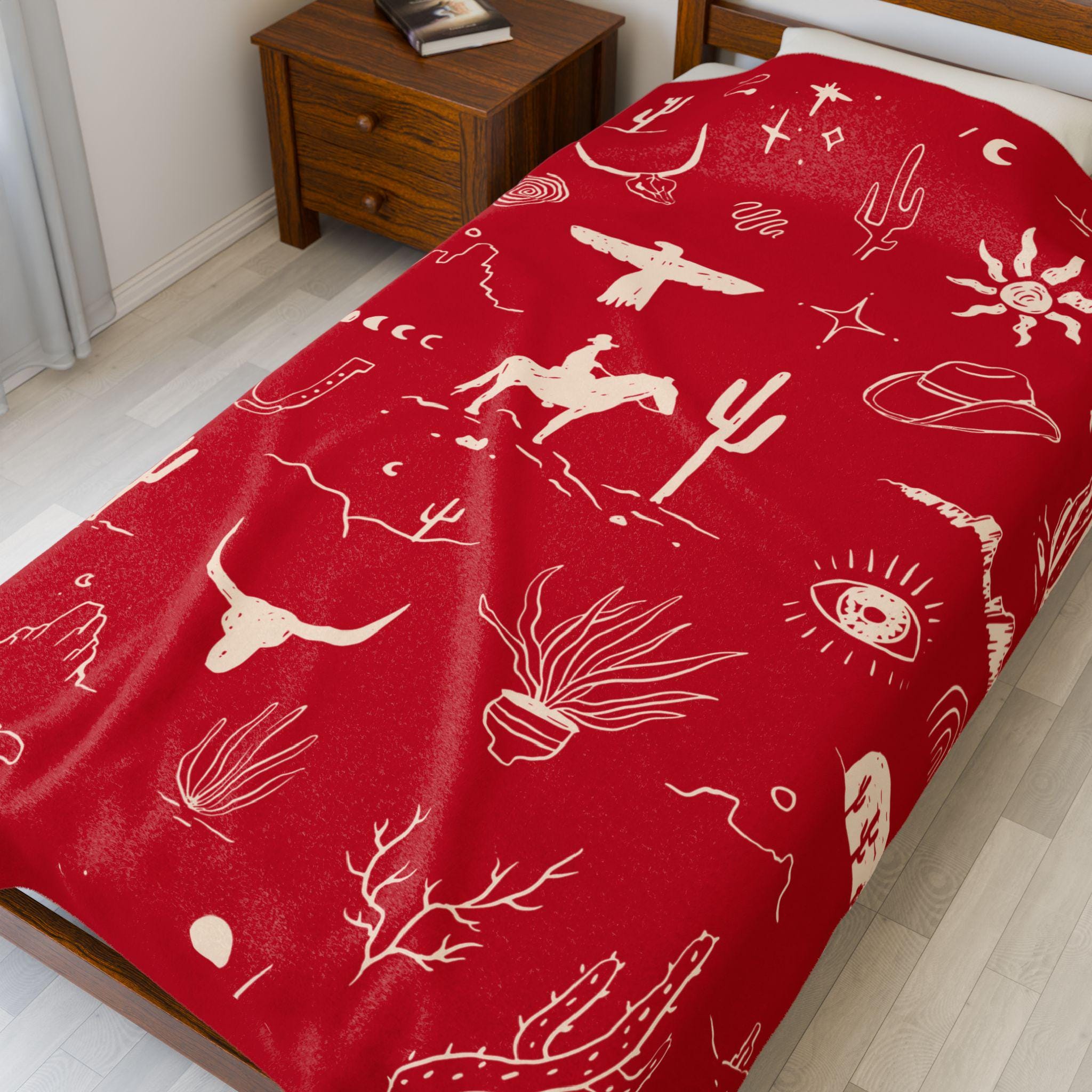 Western Cowboy Velveteen Blanket , Custom Western Throw with Cactus & Steerhead | Cozy Western Home Decor Gift -Razels