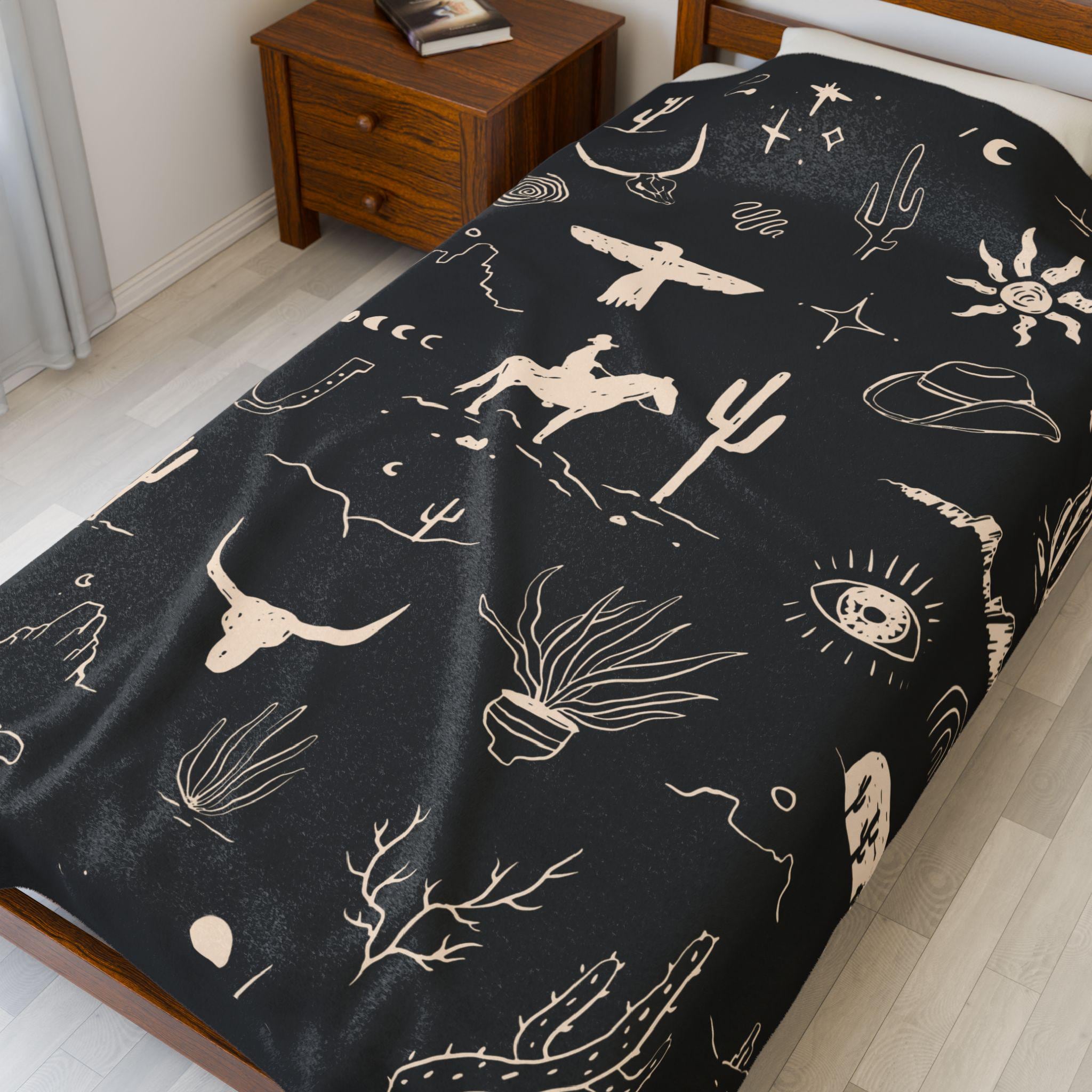 Western Cowboy Velveteen Blanket , Custom Western Throw with Cactus & Steerhead | Cozy Western Home Decor Gift -Razels
