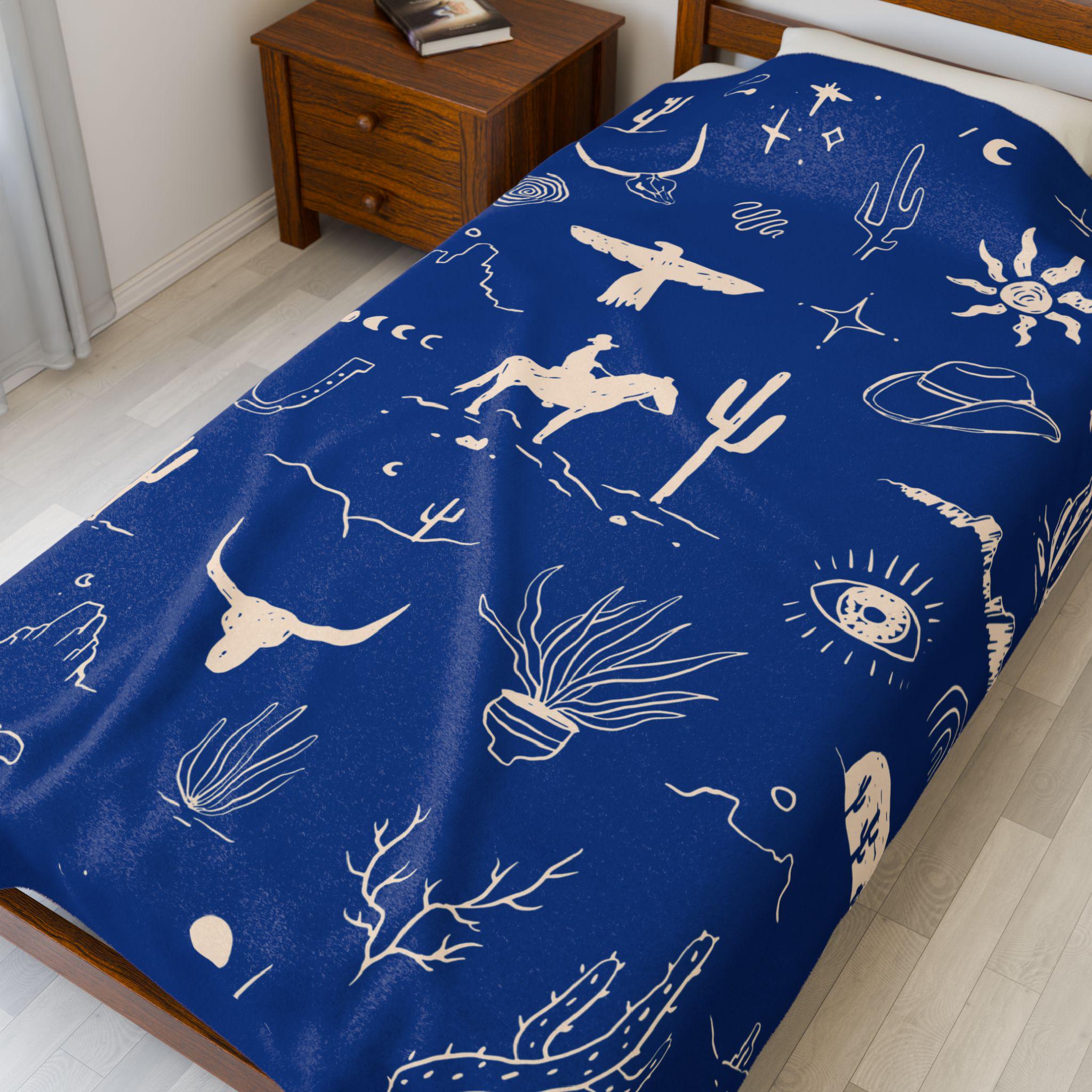 Western Cowboy Velveteen Blanket , Custom Western Throw with Cactus & Steerhead | Cozy Western Home Decor Gift -Razels