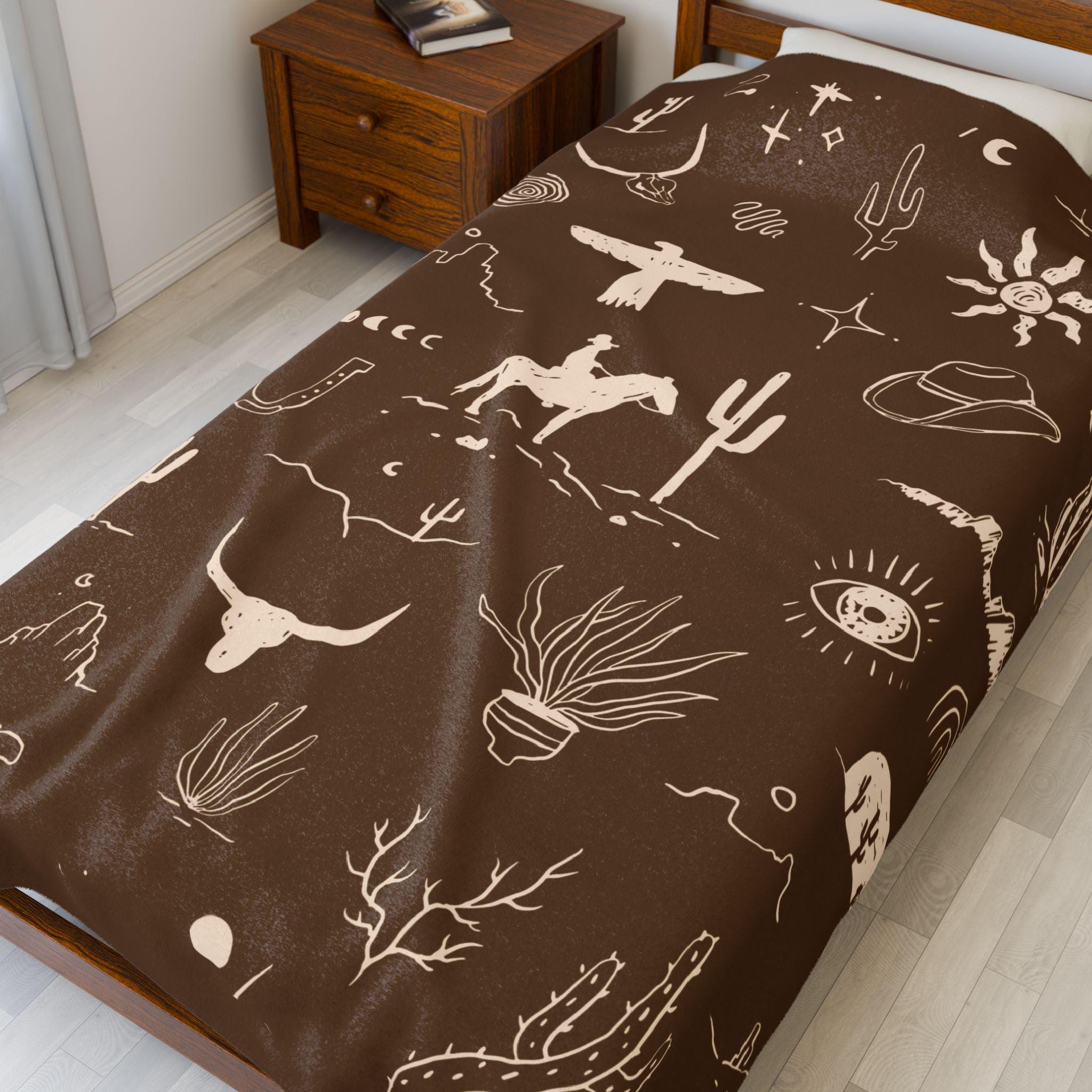 Western Cowboy Velveteen Blanket , Custom Western Throw with Cactus & Steerhead | Cozy Western Home Decor Gift -Razels