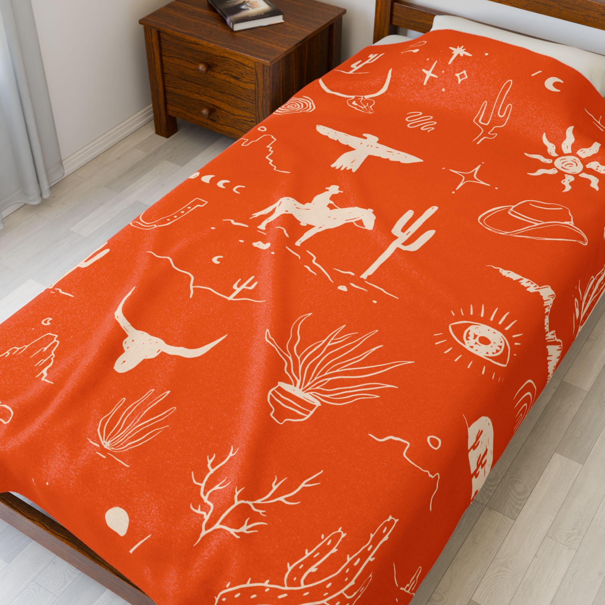 Western Cowboy Velveteen Blanket , Custom Western Throw with Cactus & Steerhead | Cozy Western Home Decor Gift -Razels