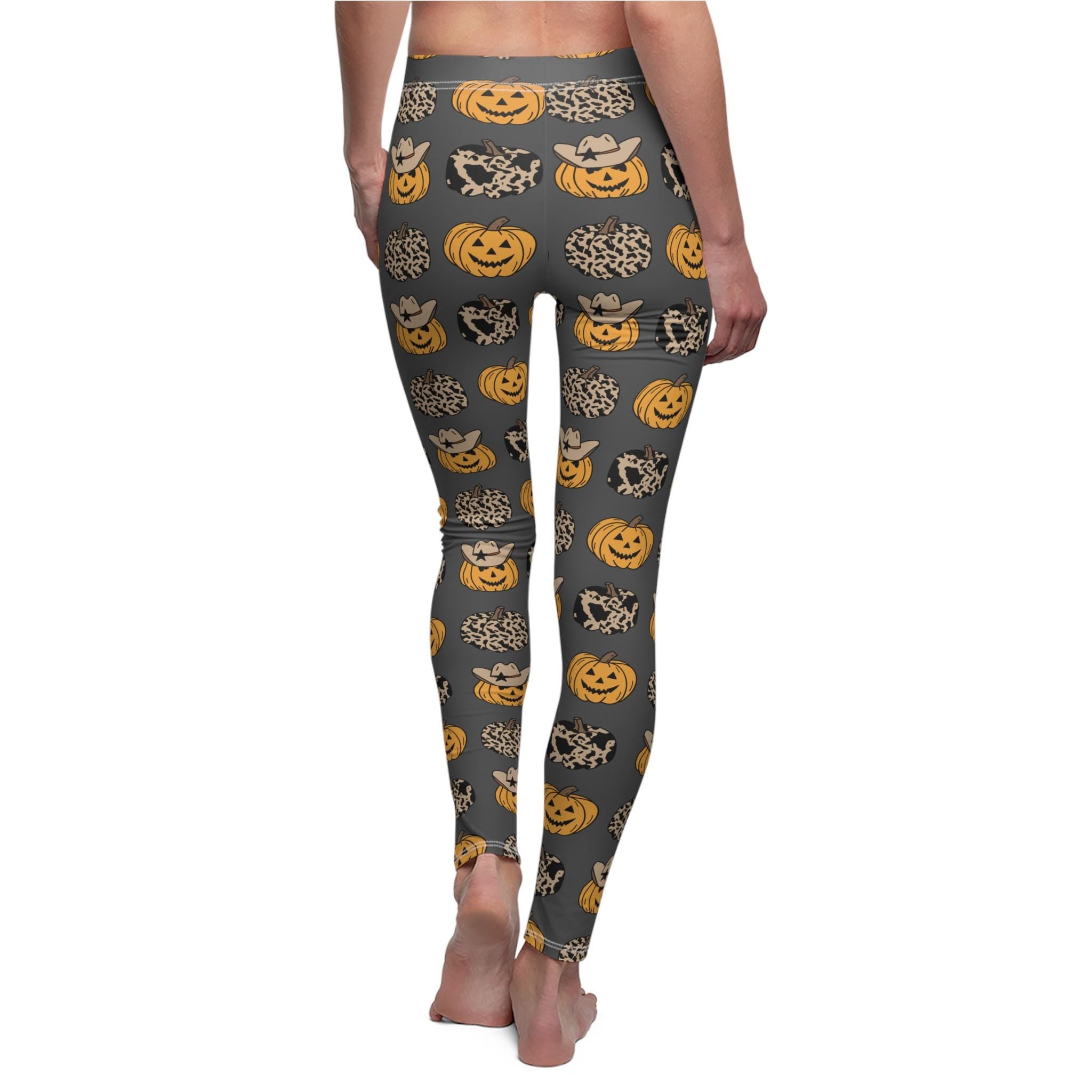 Halloween Pumpkin Leggings Women | Fall Festival Spooky Print Leggings | Charcoal Grey Cozy Yoga Pants | Cute Autumn Cowgirl Pumpkin Outfit -Razels