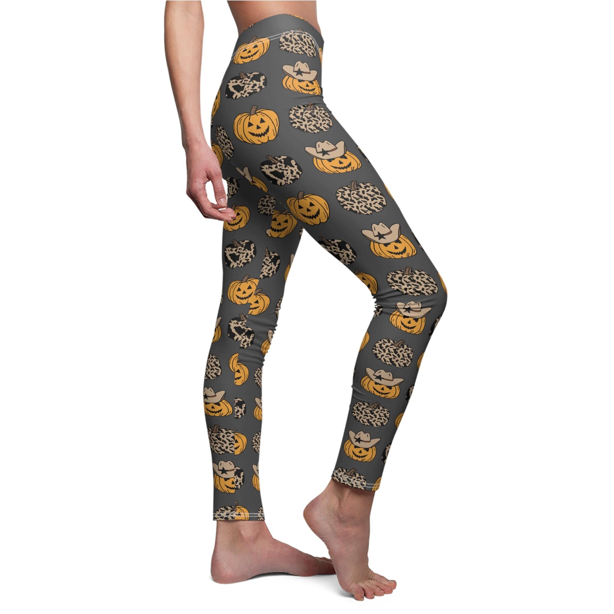 Halloween Pumpkin Leggings Women | Fall Festival Spooky Print Leggings | Charcoal Grey Cozy Yoga Pants | Cute Autumn Cowgirl Pumpkin Outfit -Razels