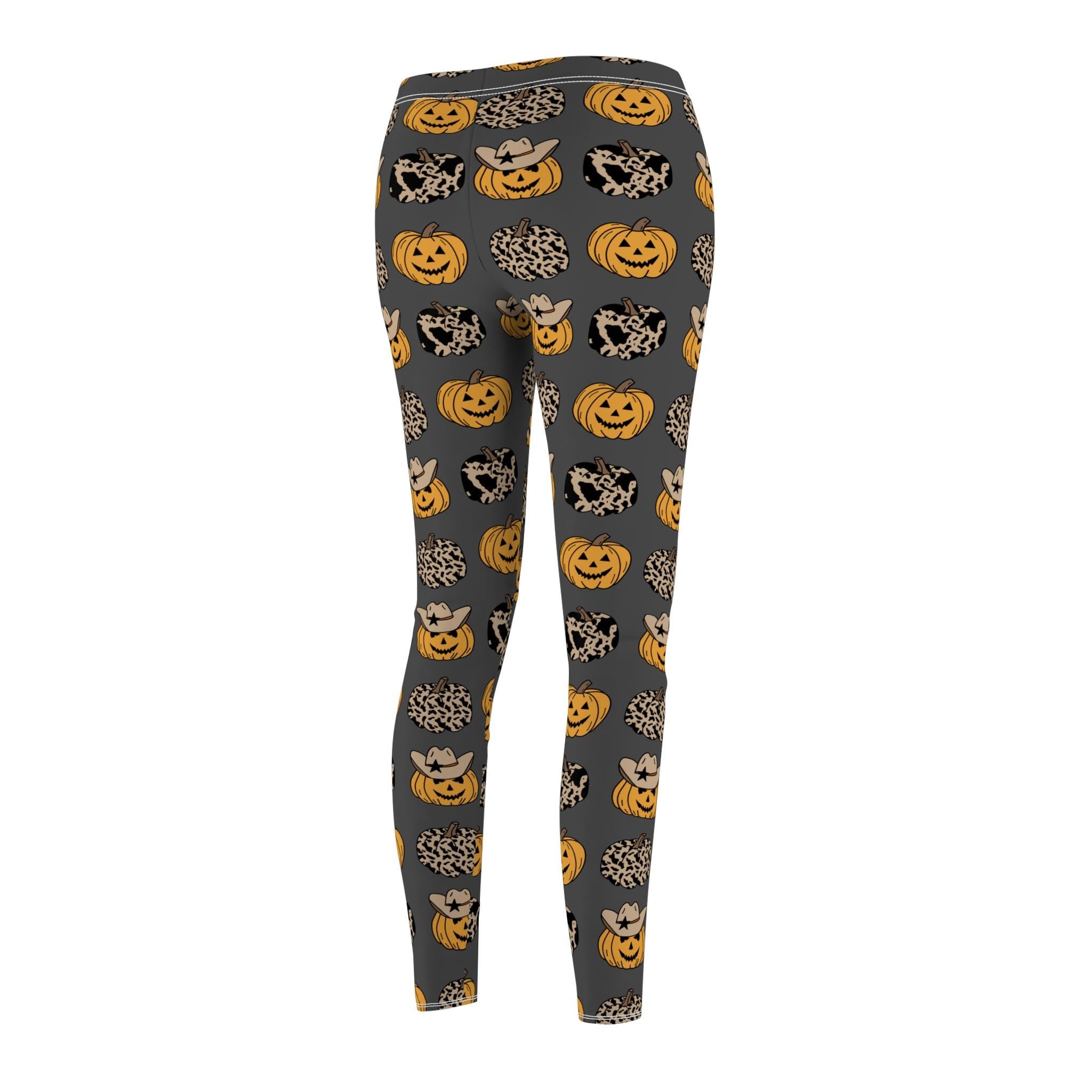 Halloween Pumpkin Leggings Women | Fall Festival Spooky Print Leggings | Charcoal Grey Cozy Yoga Pants | Cute Autumn Cowgirl Pumpkin Outfit -Razels