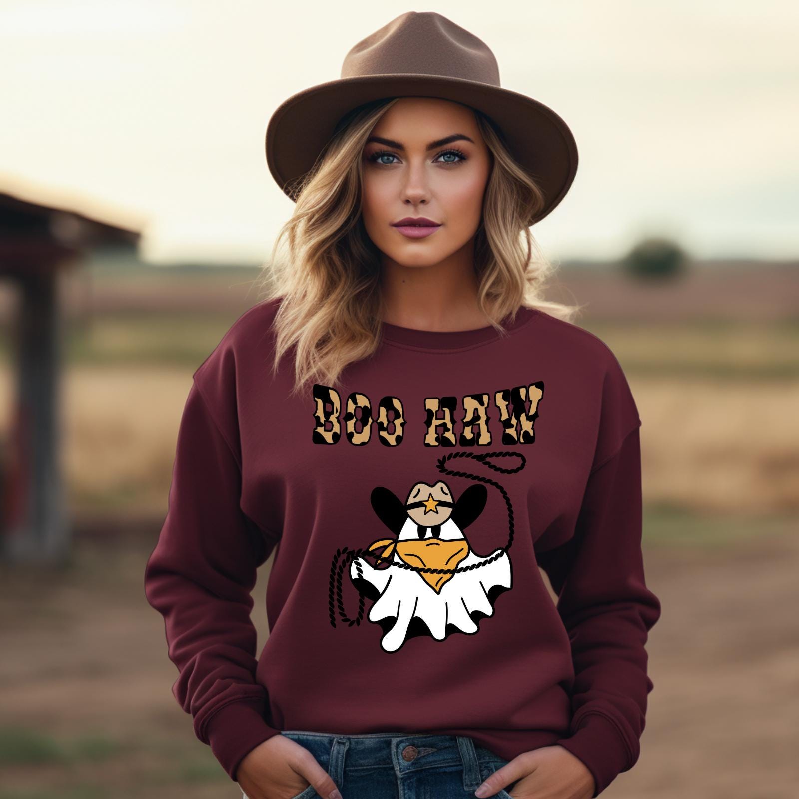 Spooky Cowgirl Ghost Sweatshirt: Western Boo Haw Halloween Fleece Crewneck -Razels