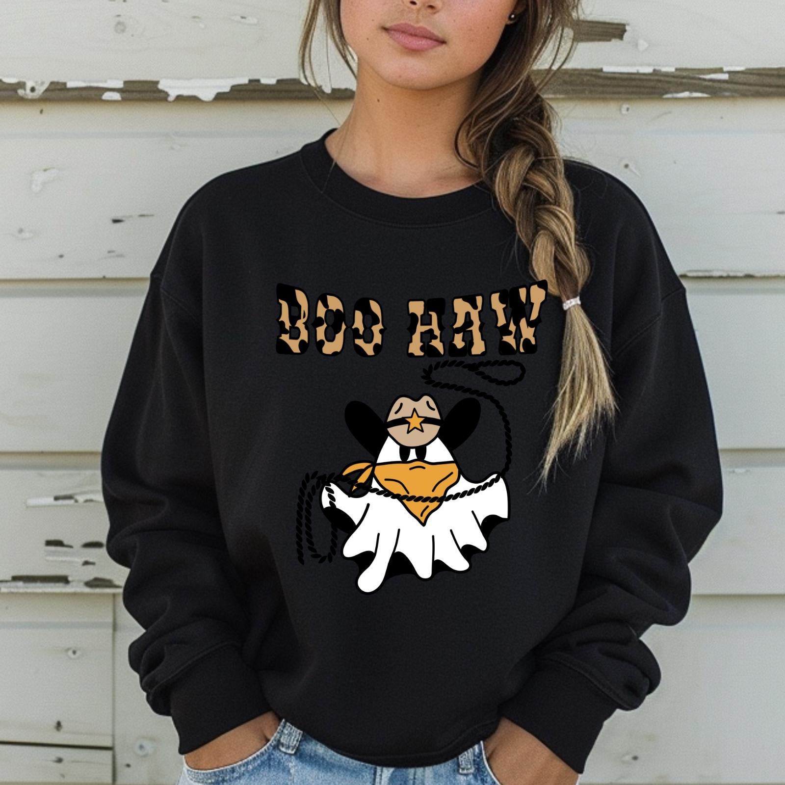 Spooky Cowgirl Ghost Sweatshirt: Western Boo Haw Halloween Fleece Crewneck -Razels