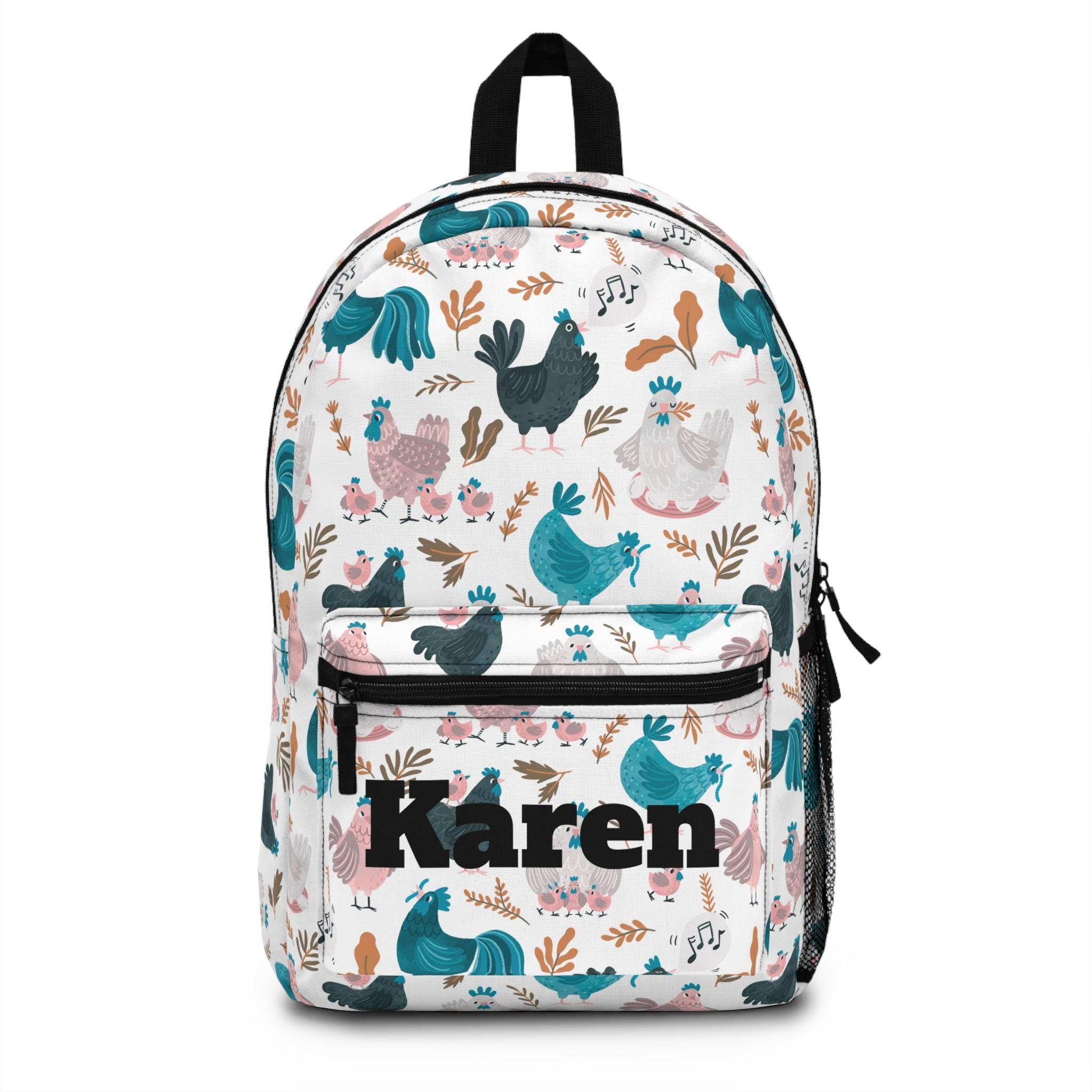 Cute Chicken Backpack, Personalized Name, Colorful Hen Print, 17" School Bag w/ Laptop Sleeve -Razels