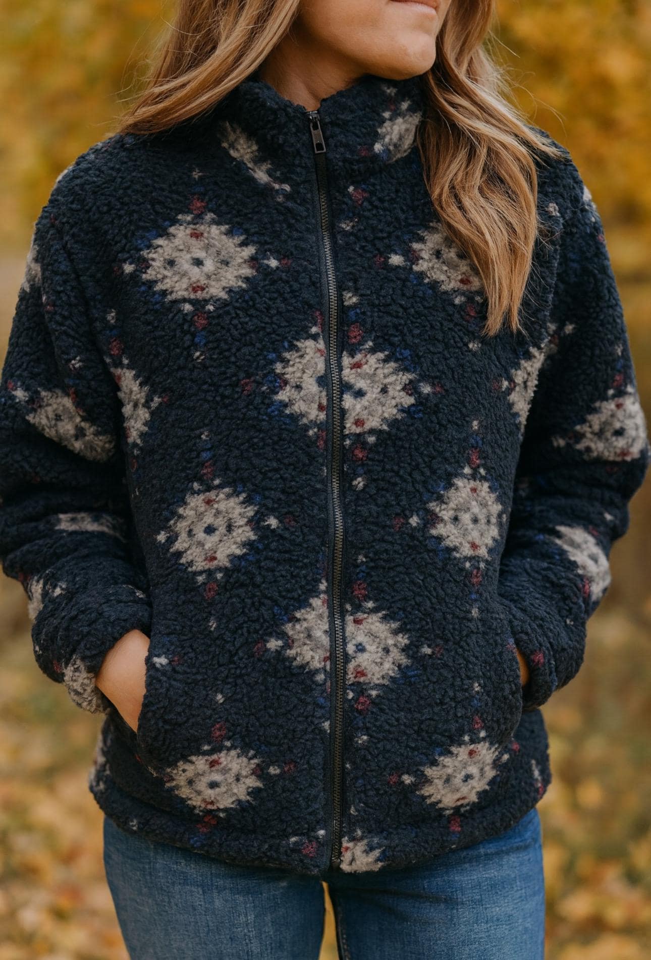 Black Aztec Sherpa Jacket – Western Bomber Zip-Up with Pockets | Cozy Women’s Western Jacket, Lined Fleece Coat -Razels