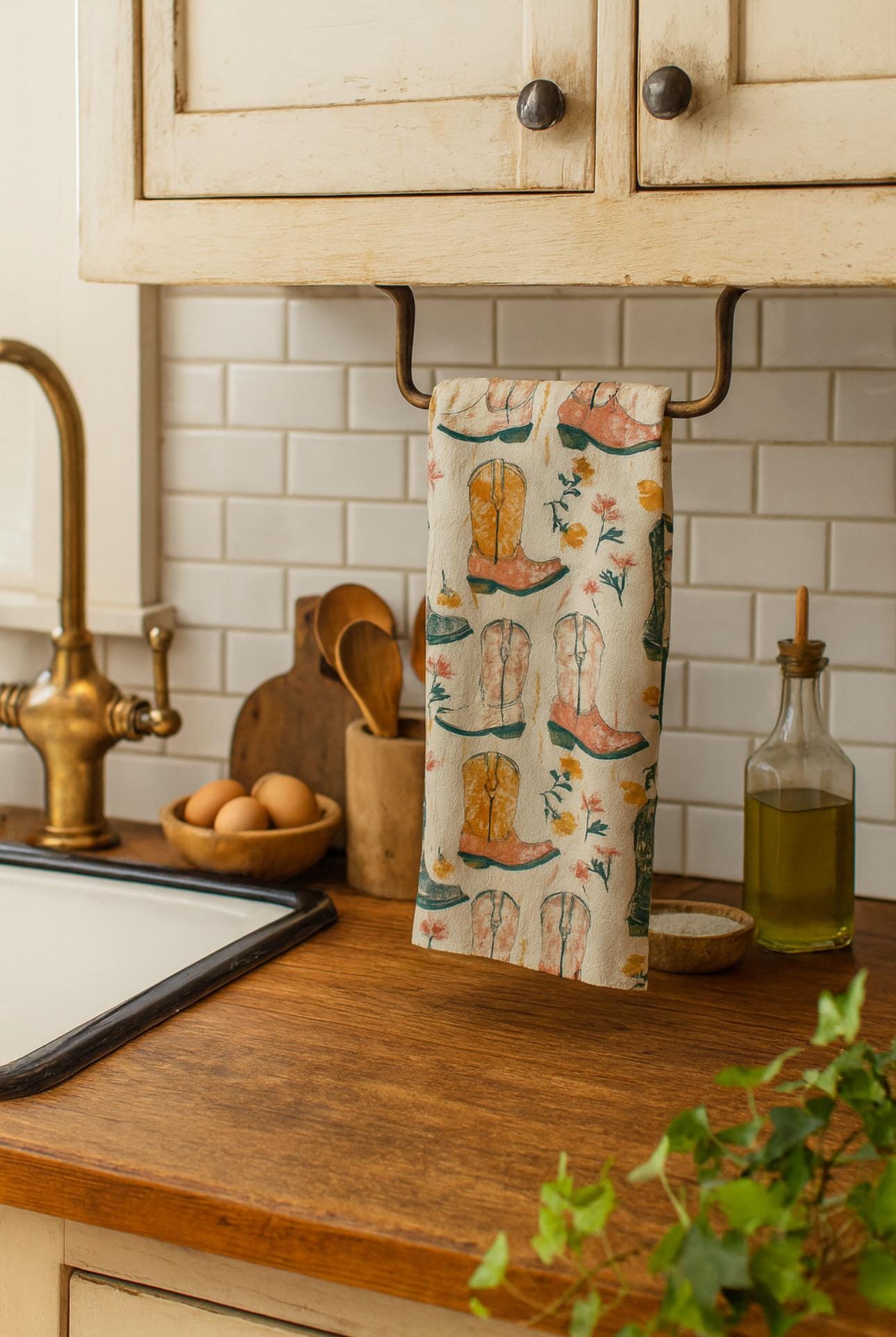 Cowgirl Boots Hand Towel: Western Floral Farmhouse Kitchen Decor