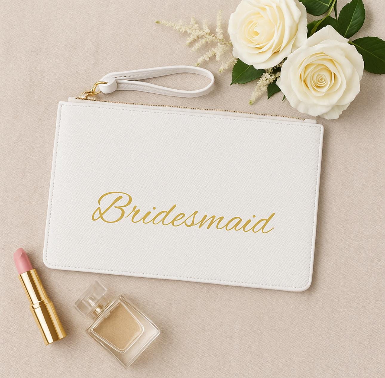 Personalized Bridesmaid Clutch: White & Gold Saffiano Leather with Wrist Strap -Razels