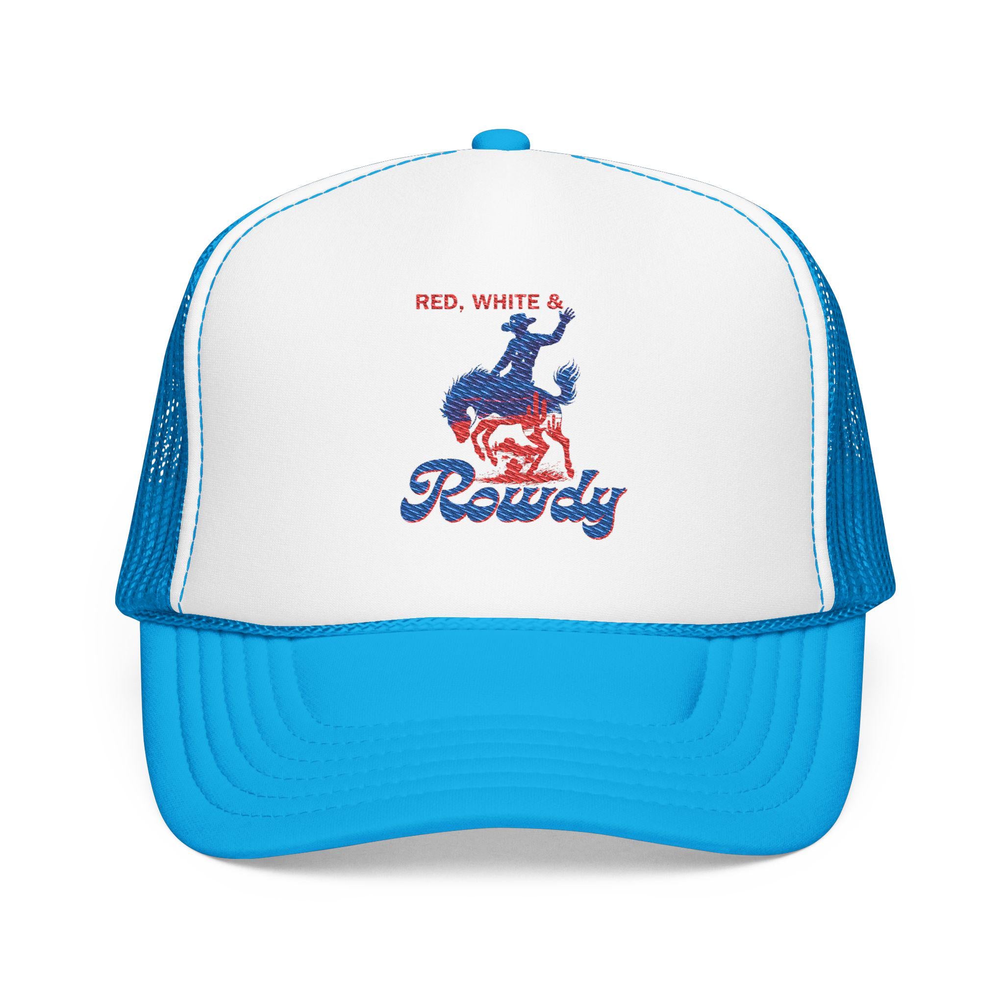 Cowboy Trucker Hat Red White & Rowdy Foam Cap Pink Turquoise Black Embroidered 4th of July Rodeo Hat -Razels