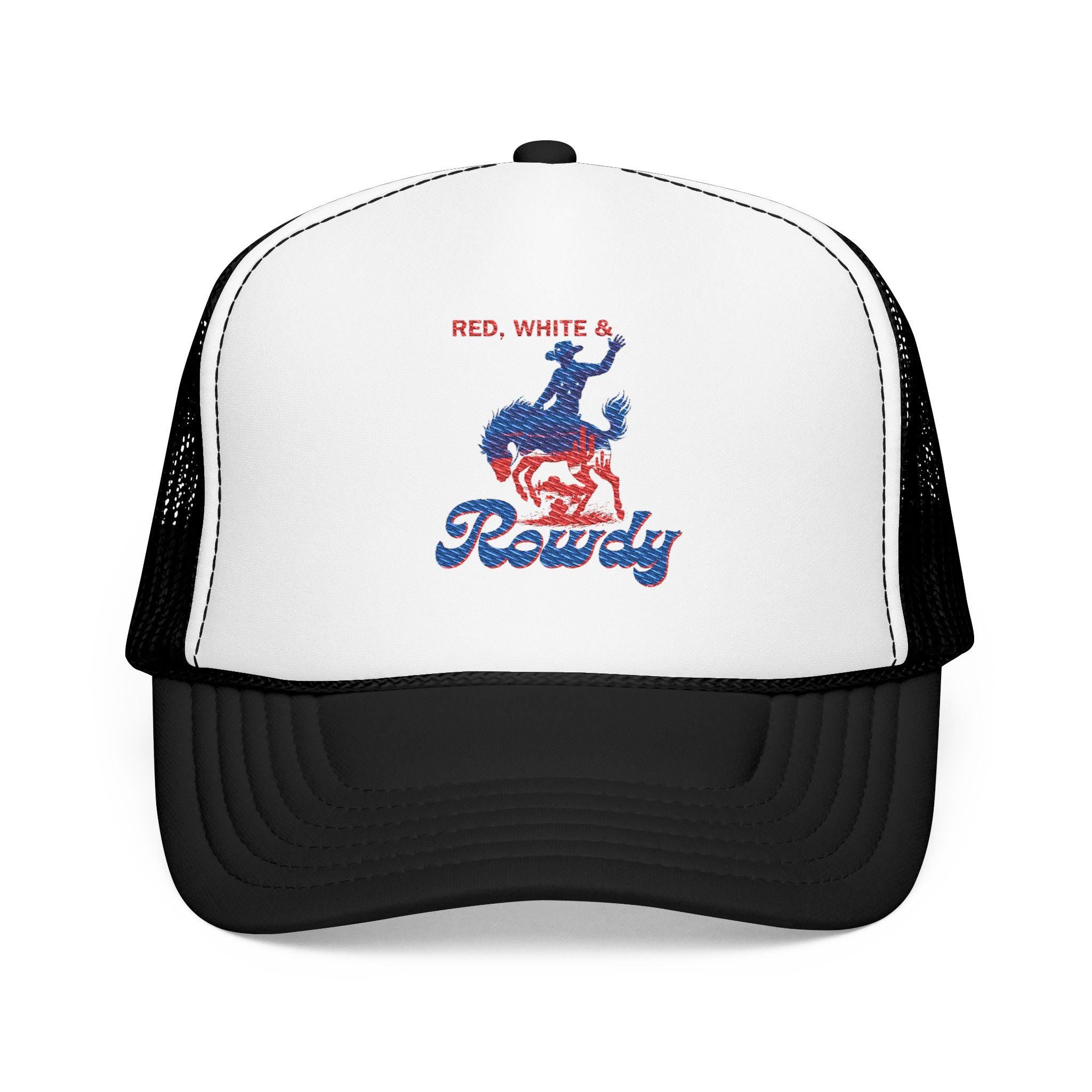 Embroidered Cowboy Trucker Hat: Red White & Rowdy Rodeo Cap -Razels