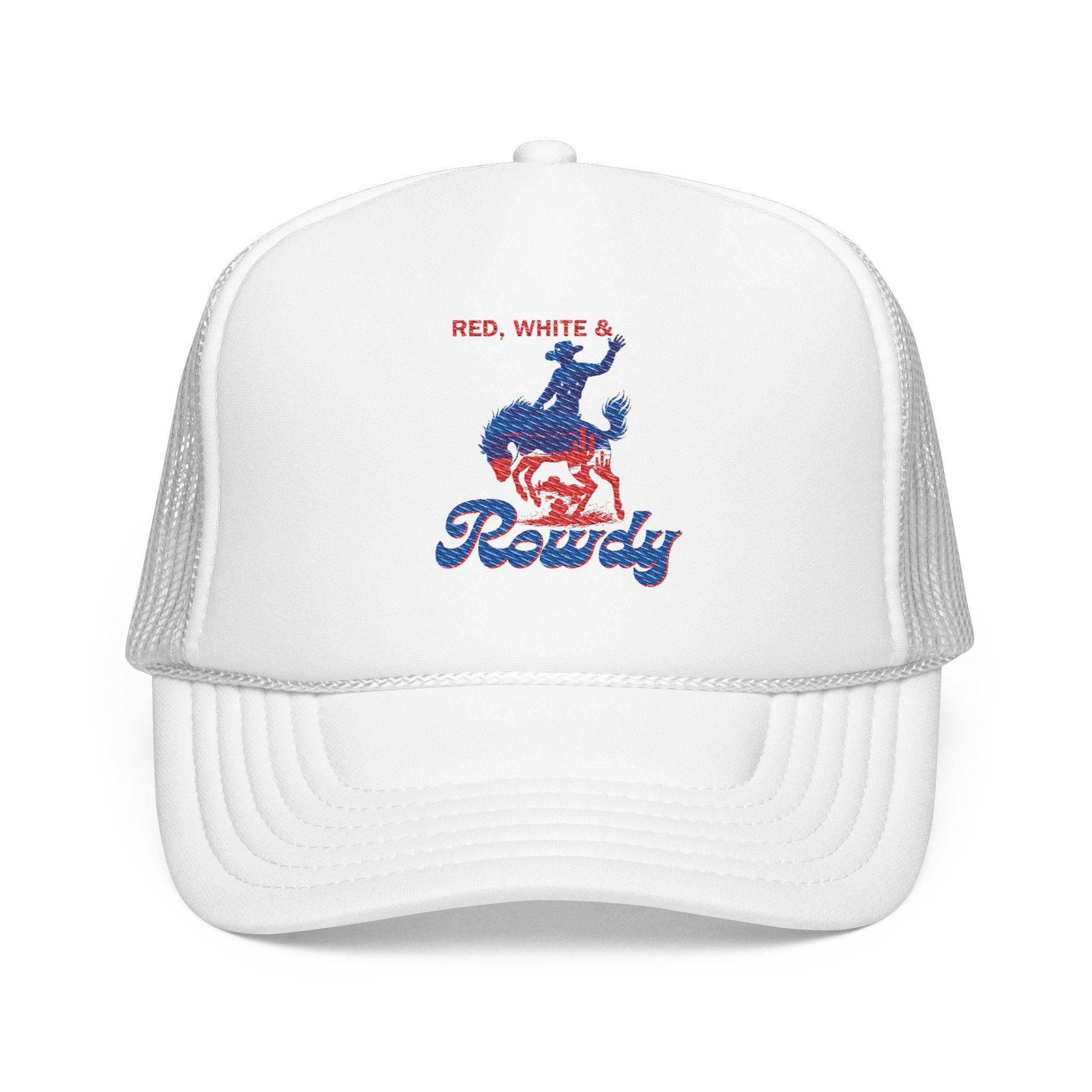 Embroidered Cowboy Trucker Hat: Red White & Rowdy Rodeo Cap -Razels