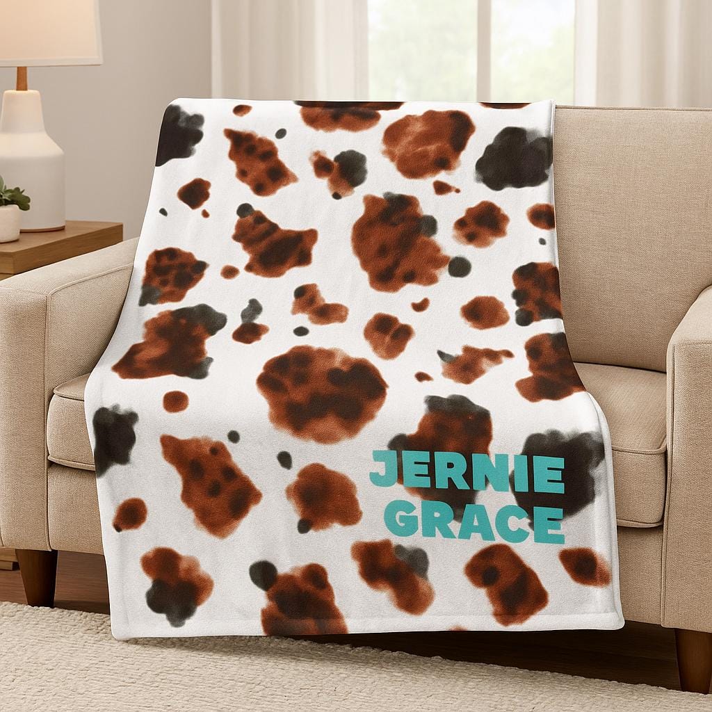 Cozy Velveteen Plush Blanket – Personalized Cowprint Throw 🤎🐮
Snuggle up in true Western style with this ultra-soft cowprint velveteen blanket—personalized just for you! Whether you’re looking for the perfect cozy gift or a rustic accent for your home, this fan-favorite throw is a must-have for cowgirls, cowboys, and anyone who loves a touch of country charm.
Super-soft velveteen plush with a medium heavy-weight feel (8.85 oz/yd²)
One-sided, high-detail print with vibrant cowprint design