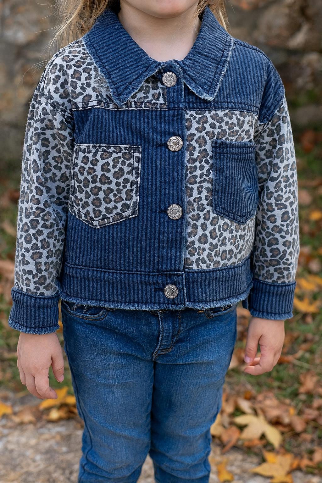 Cheetah and Denim Jean Jacket, Girls Frayed Fall Coat, 4T JEAN JACKET -Razels
