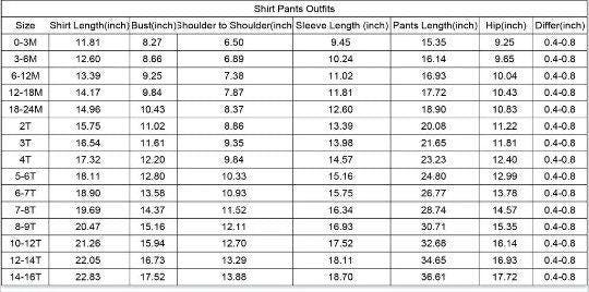 kids pajama size chart